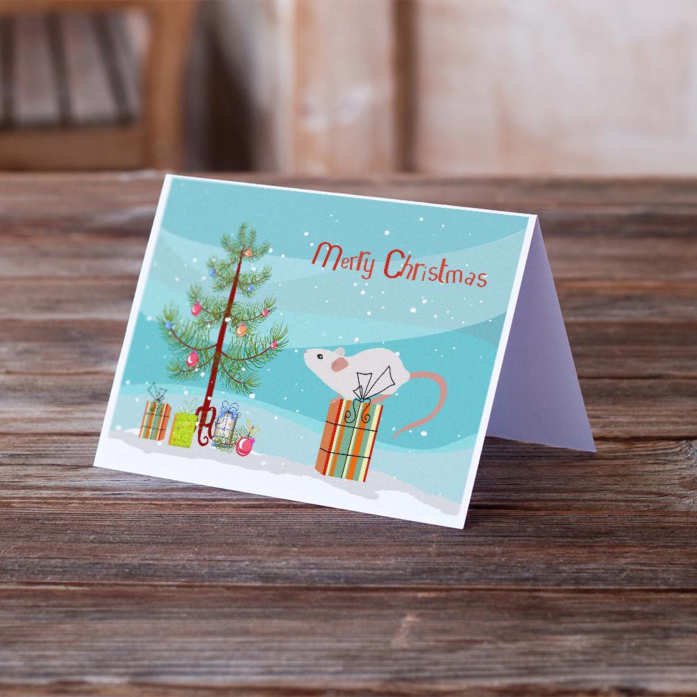 White Domestic Mouse Merry Christmas Greeting Cards Pack of 8 Blank Cards with Envelopes Whimsical A7 Size 5x7