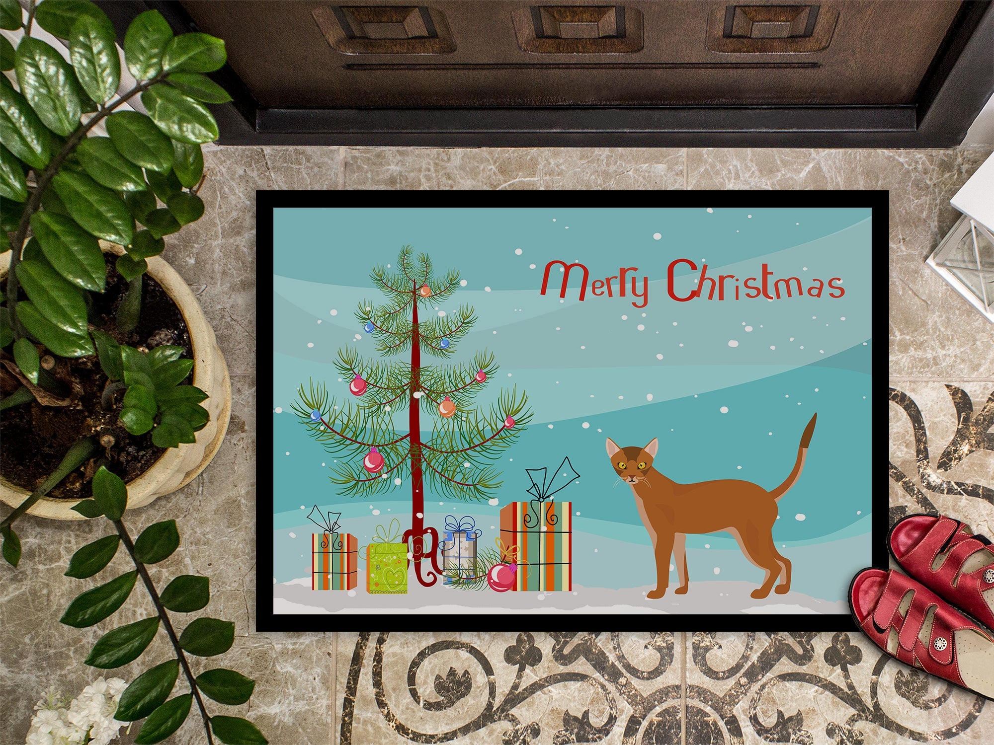 Red Abyssinian Cat Christmas Doormat Indoor Outdoor 24H X 36W Front Door Mat Rugs for Entryway, Non Slip Washable Low Pile,