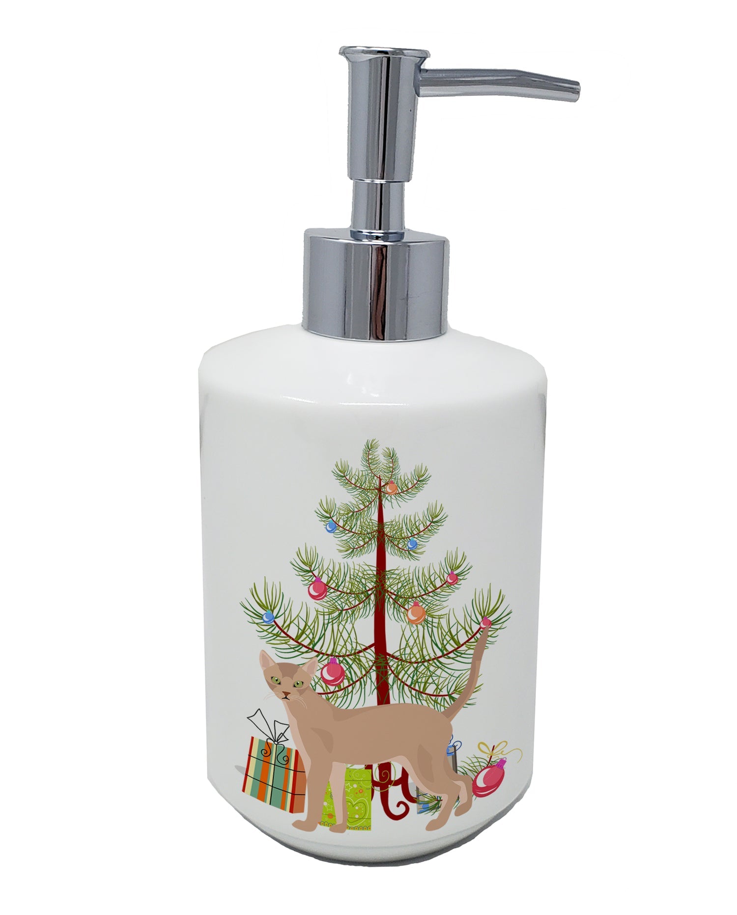 Fawn Abyssinian Cat Christmas Ceramic Soap Dispenser , Empty Refillable Hand Soap Pump Bottle for Bathroom Kitchen