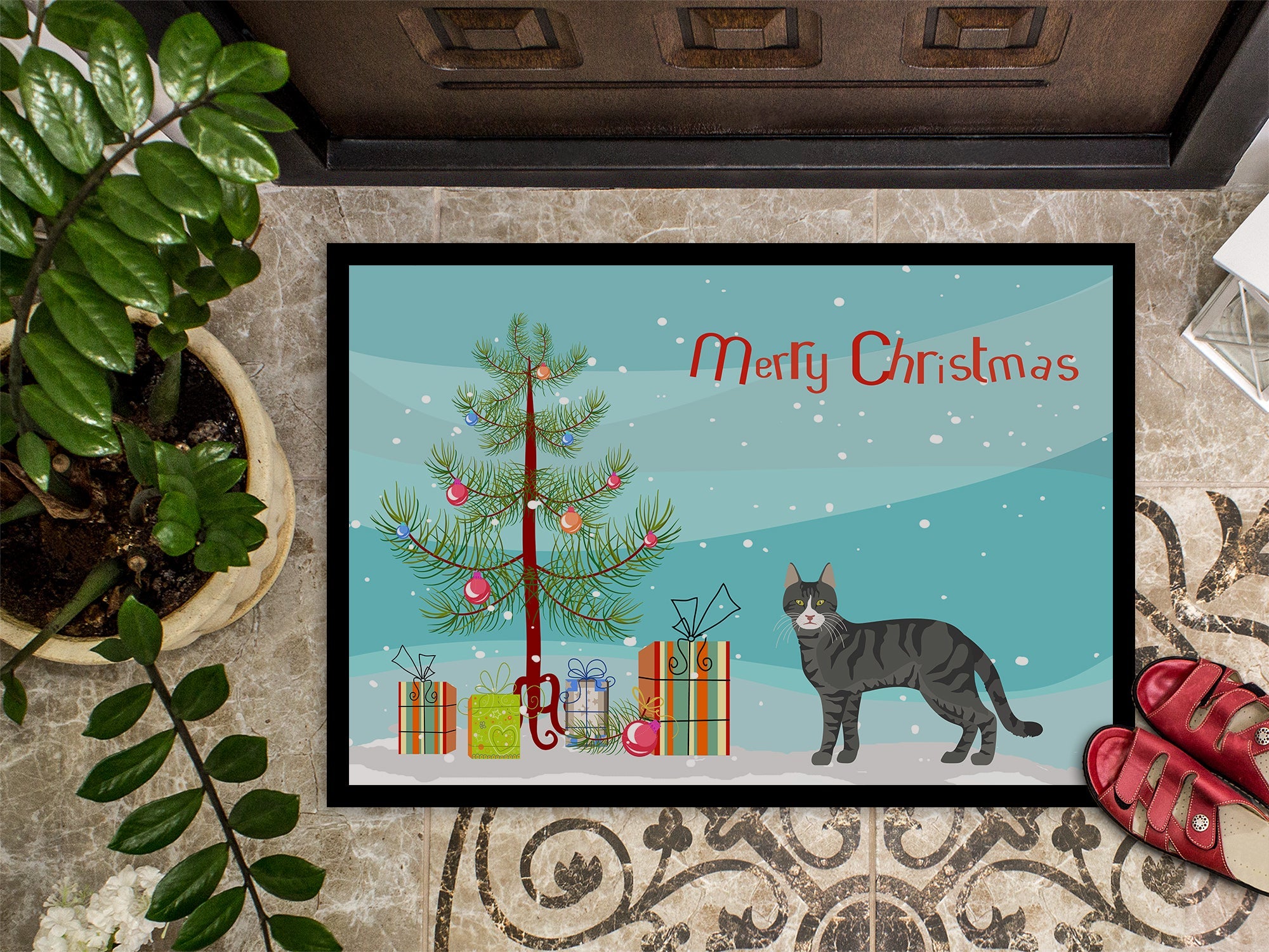 Tricolour Aegean Cat Christmas Doormat Indoor Outdoor 24H X 36W Front Door Mat Rugs for Entryway, Non Slip Washable Low Pile,