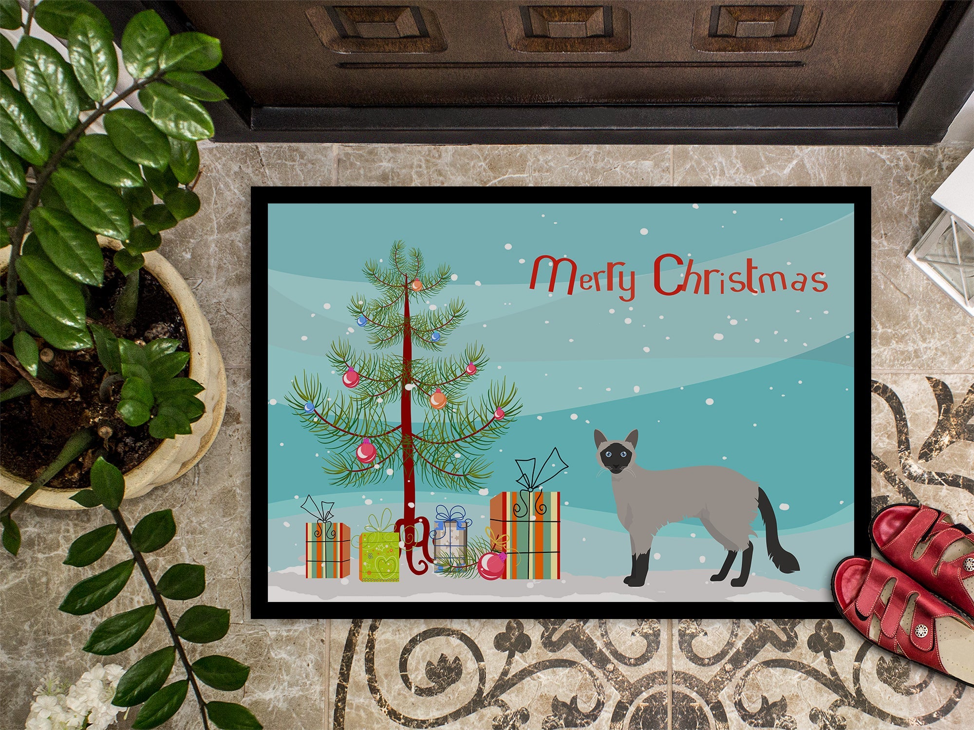 Balinese Cat Christmas Doormat Indoor Outdoor 24H X 36W Front Door Mat Rugs for Entryway, Non Slip Washable Low Pile,