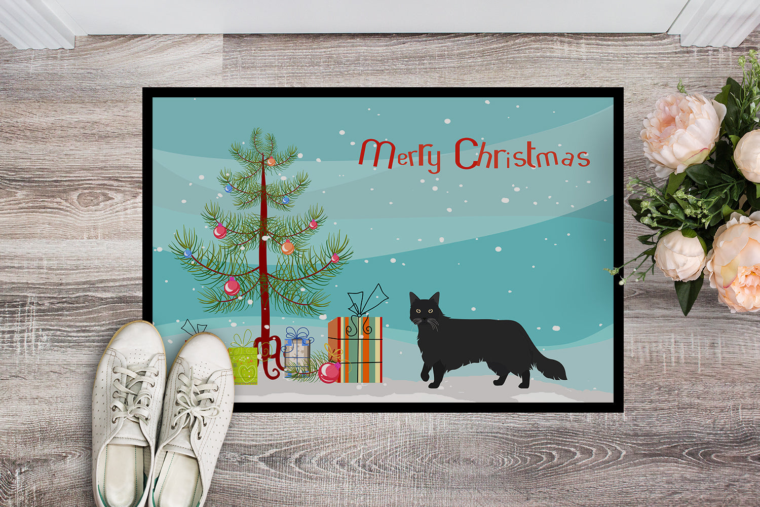 Black Chantilly Tiffany Cat Christmas Doormat Indoor Outdoor 24H X 36W Front Door Mat Rugs for Entryway, Non Slip Washable Low Pile,