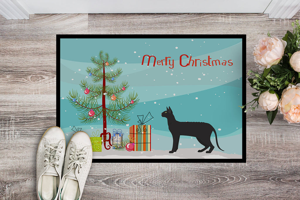 Black Cornish Rex Cat Christmas Doormat Indoor Outdoor 24H X 36W Front Door Mat Rugs for Entryway, Non Slip Washable Low Pile,