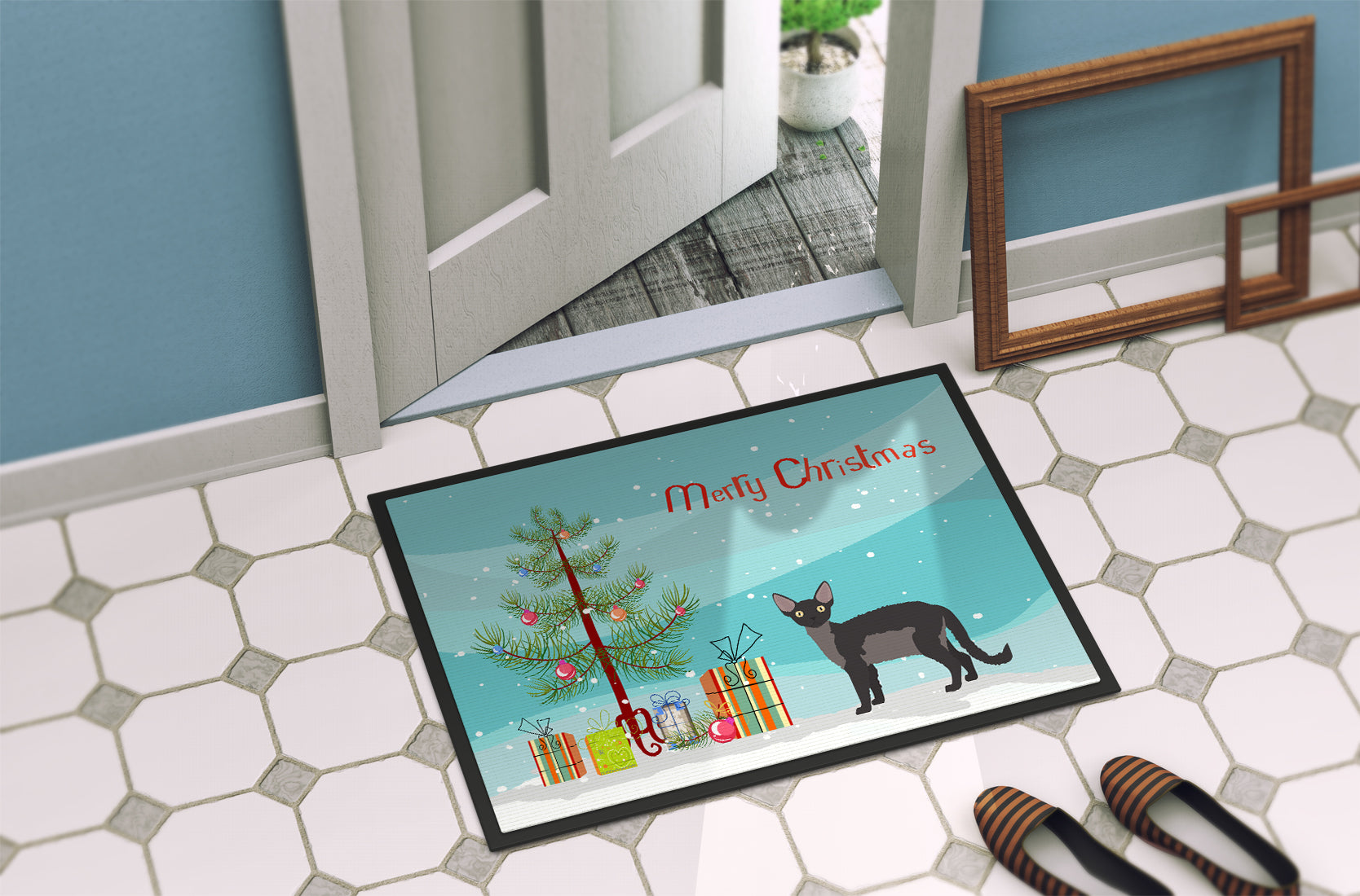 Devon Rex Cat Christmas Doormat Indoor Outdoor 18H X 27W Front Door Mat Rugs for Entryway, Non Slip Washable