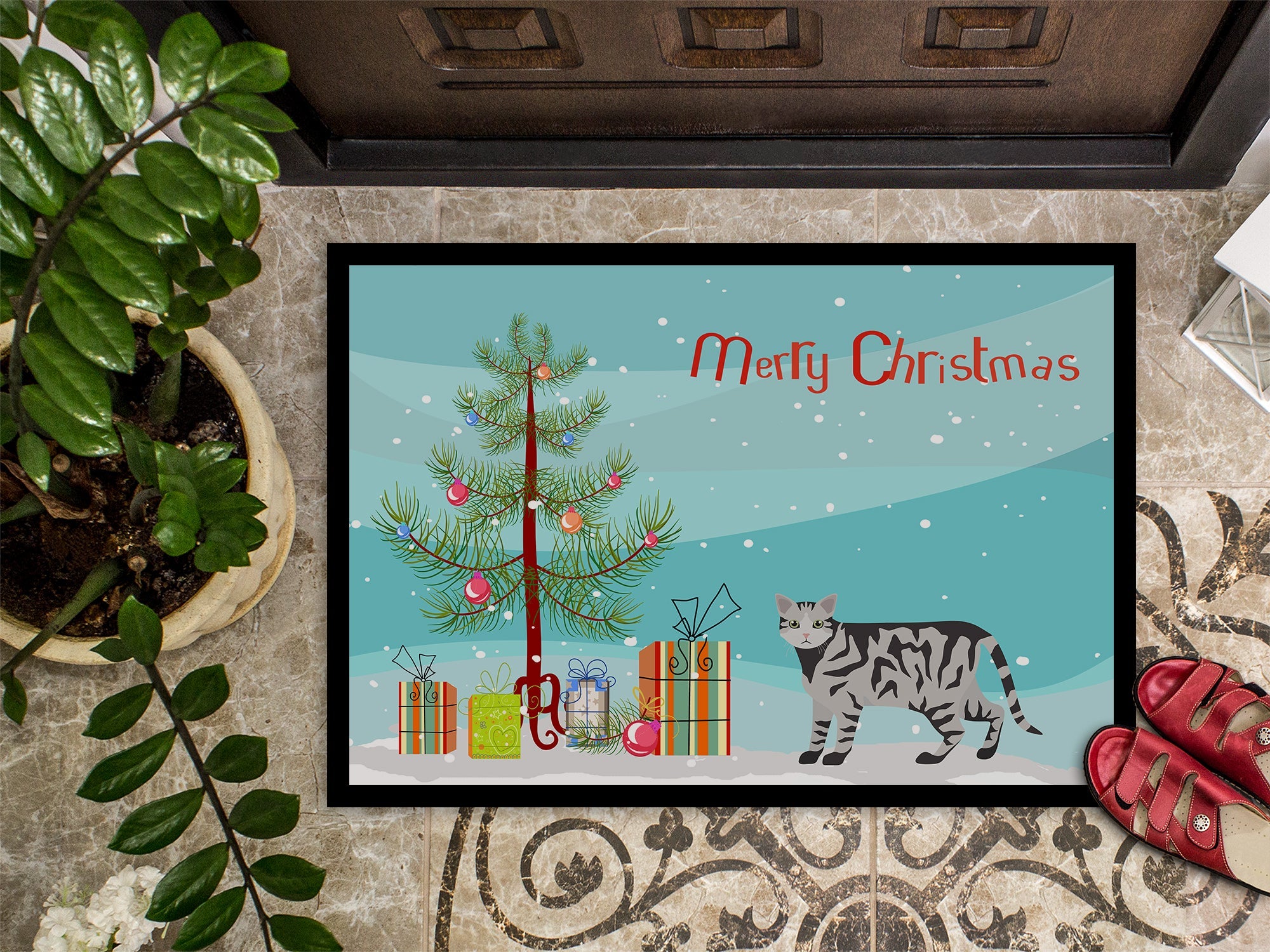 European Shorthair Cat Christmas Doormat Indoor Outdoor 18H X 27W Front Door Mat Rugs for Entryway, Non Slip Washable