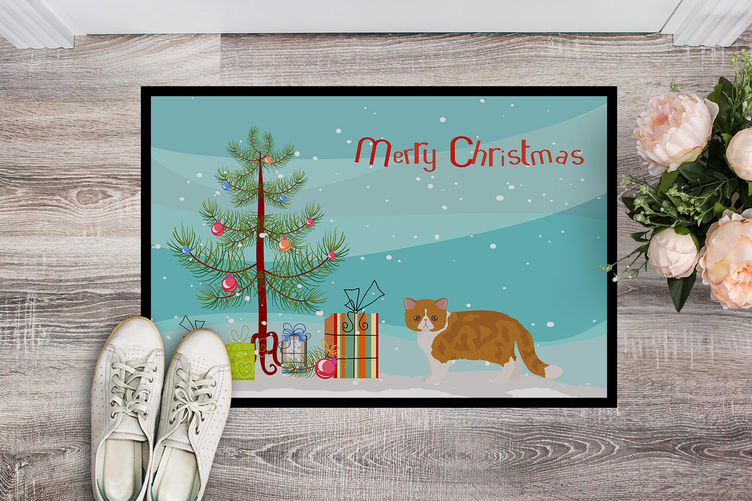 Exotic Shorthair Cat Christmas Doormat Indoor Outdoor 18H X 27W Front Door Mat Rugs for Entryway, Non Slip Washable