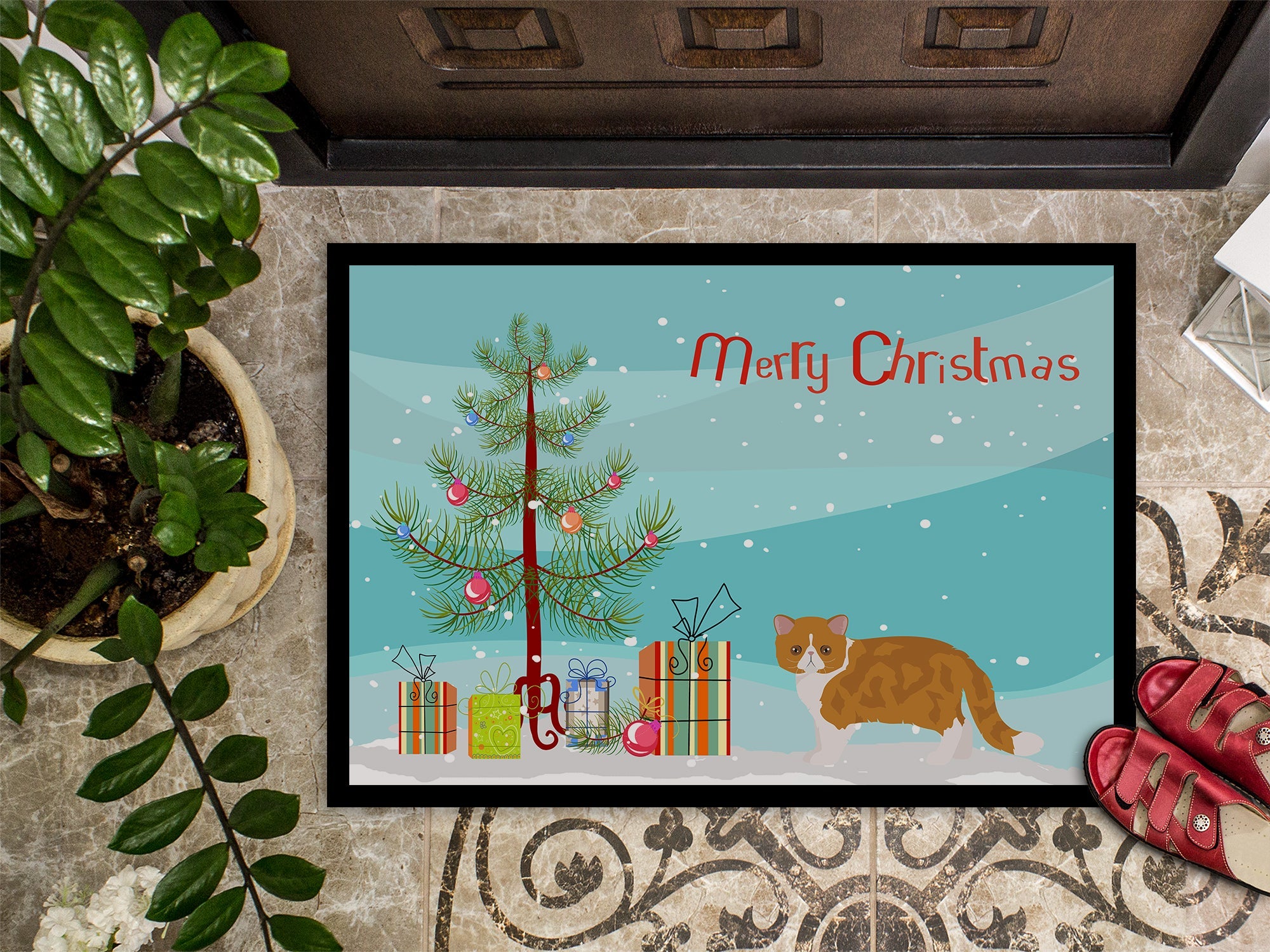 Exotic Shorthair Cat Christmas Doormat Indoor Outdoor 18H X 27W Front Door Mat Rugs for Entryway, Non Slip Washable
