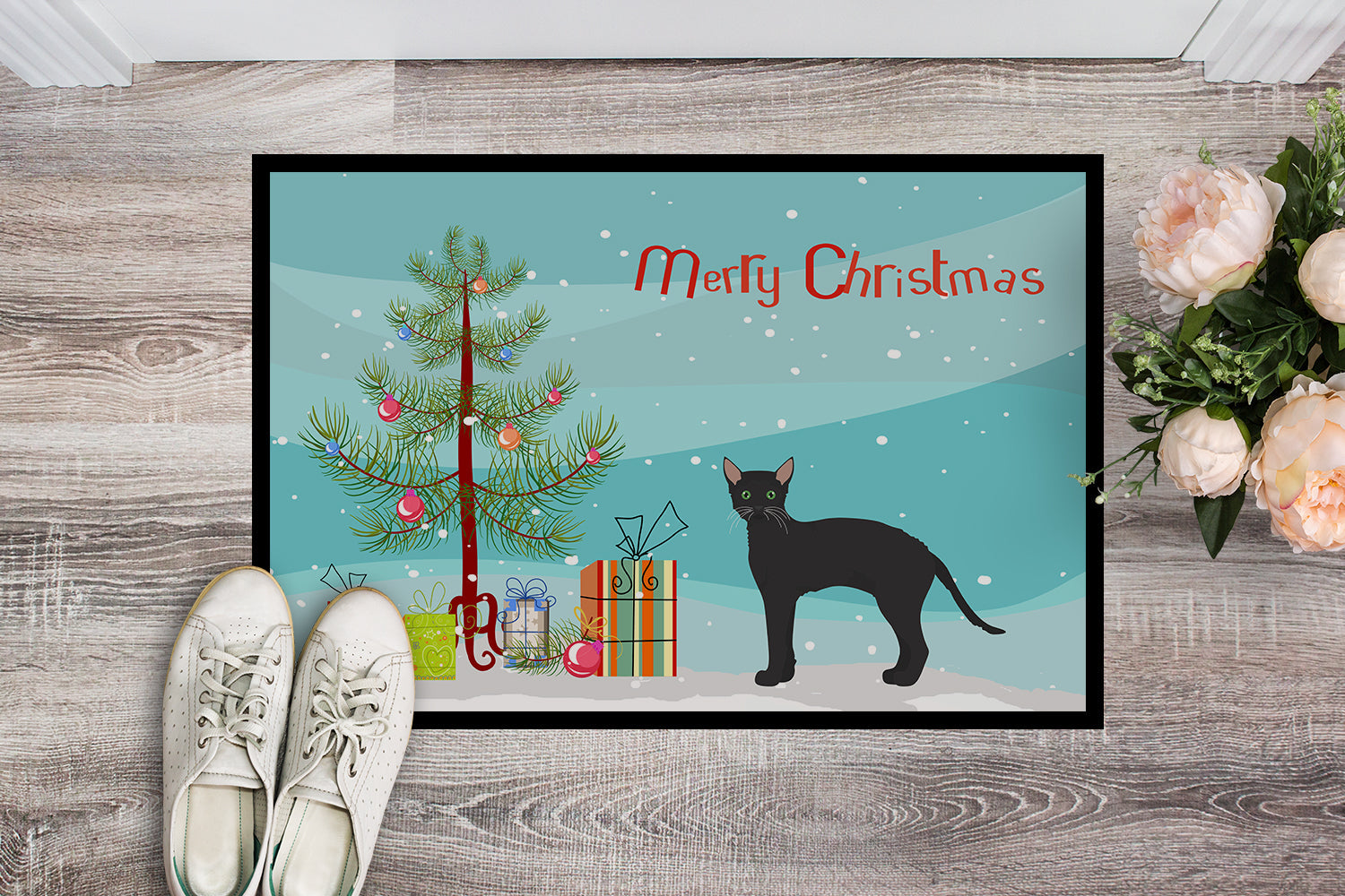 Black German Rex Cat Christmas Doormat Indoor Outdoor 24H X 36W Front Door Mat Rugs for Entryway, Non Slip Washable Low Pile,