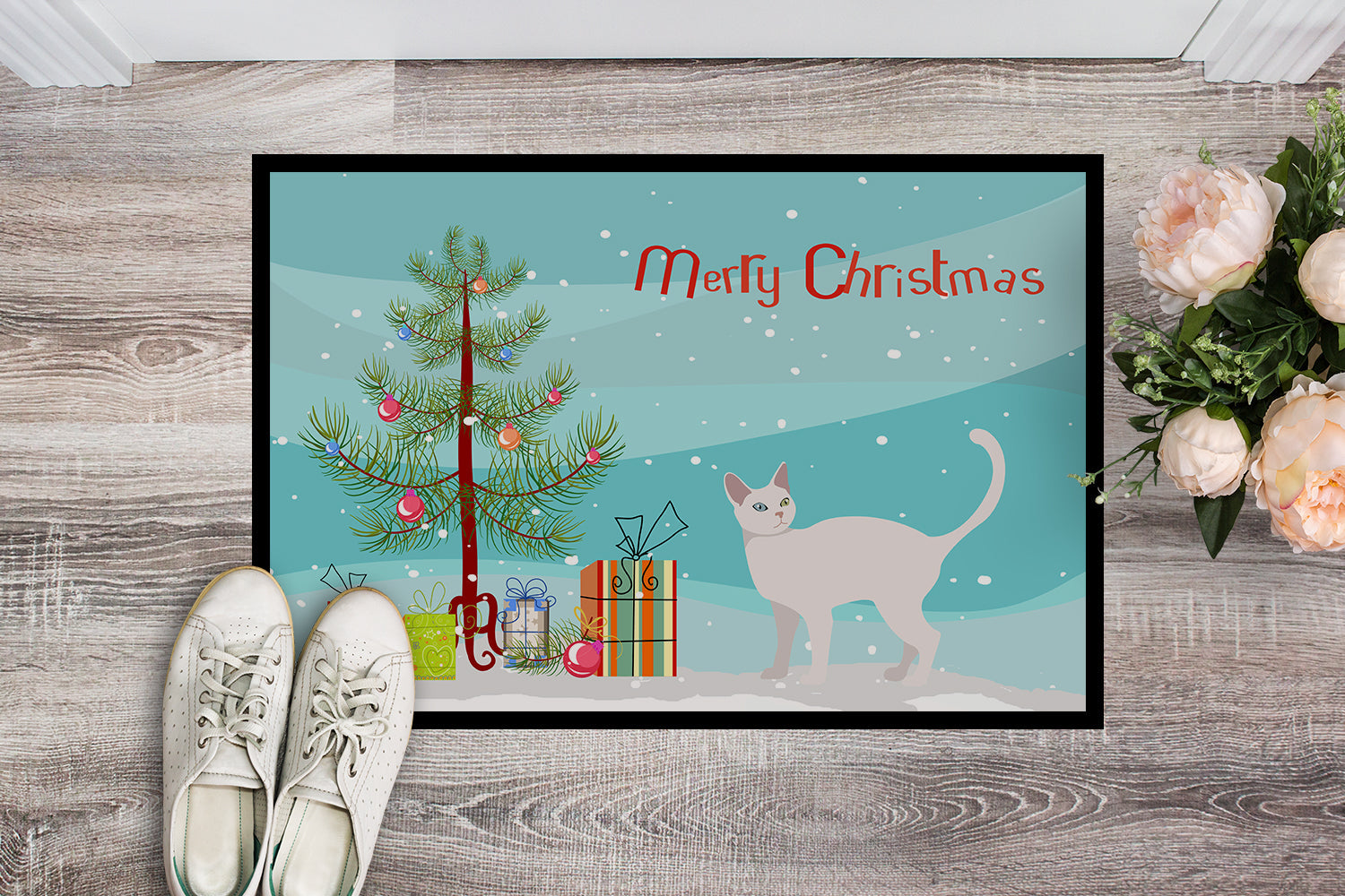 Khao Manee Cat Christmas Doormat Indoor Outdoor 24H X 36W Front Door Mat Rugs for Entryway, Non Slip Washable Low Pile,