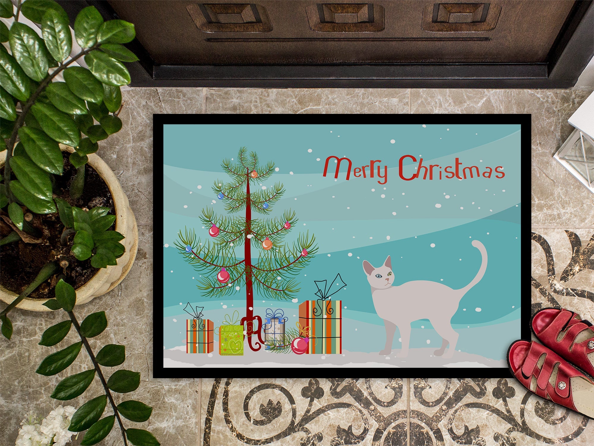 Khao Manee Cat Christmas Doormat Indoor Outdoor 18H X 27W Front Door Mat Rugs for Entryway, Non Slip Washable