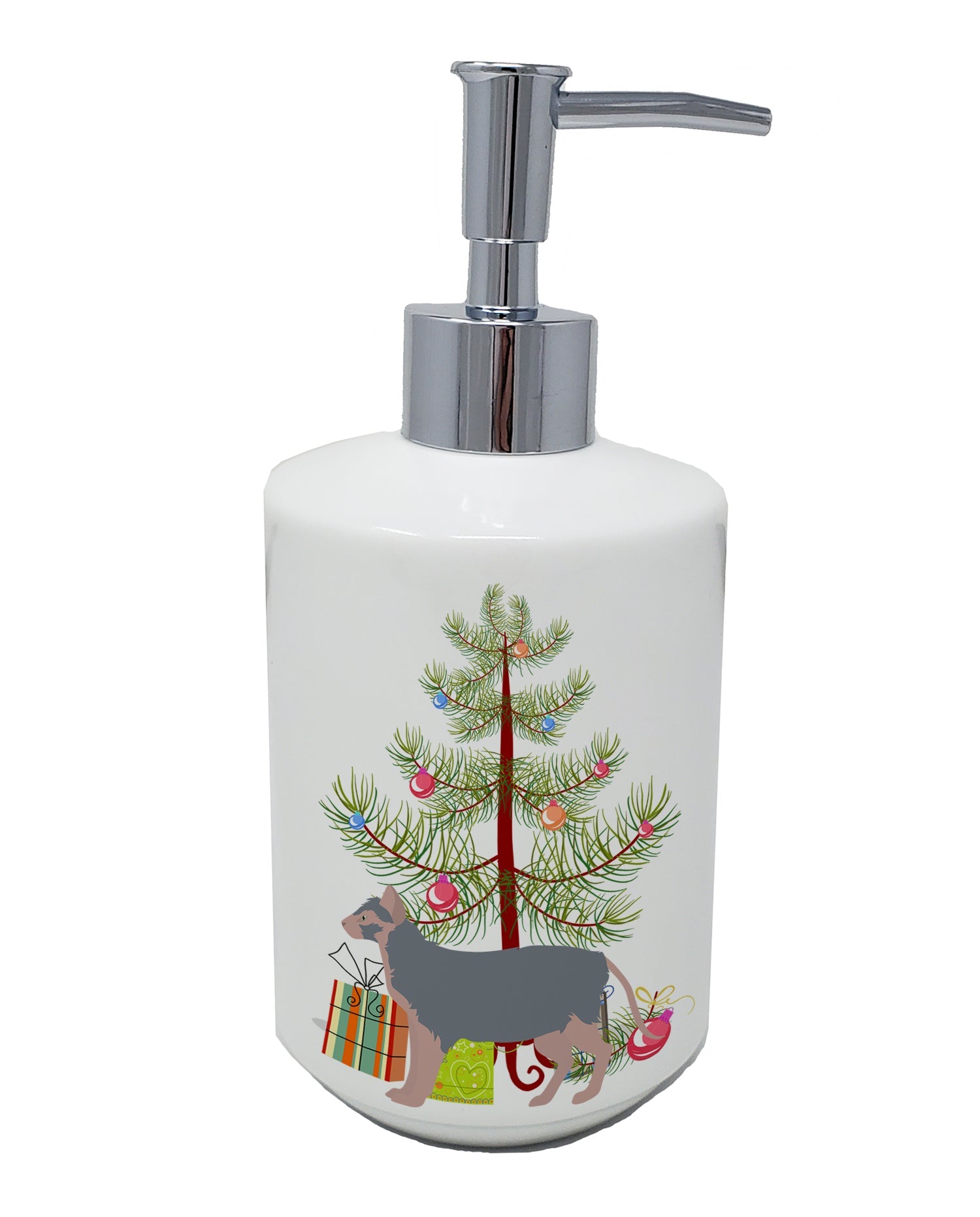 Lykoi Cat Merry Christmas Ceramic Soap Dispenser , Empty Refillable Hand Soap Pump Bottle for Bathroom Kitchen