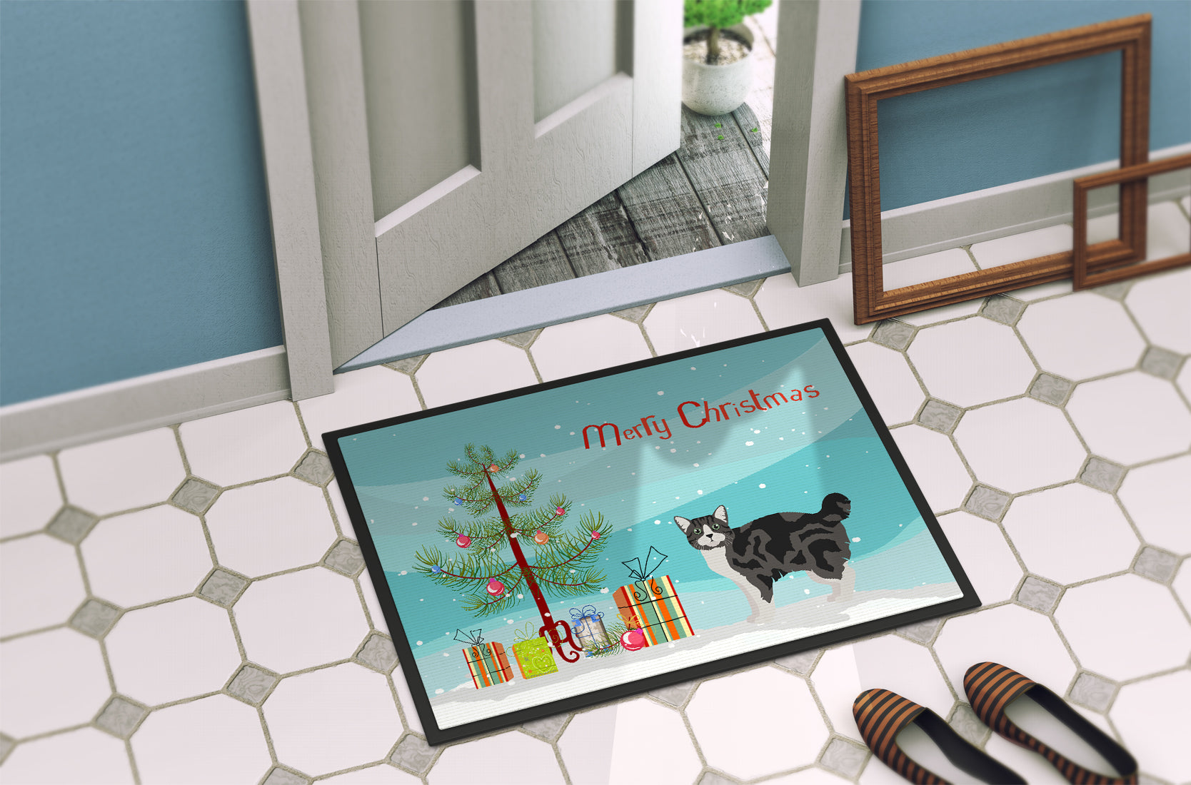Manx Cat Christmas Doormat Indoor Outdoor 24H X 36W Front Door Mat Rugs for Entryway, Non Slip Washable Low Pile,