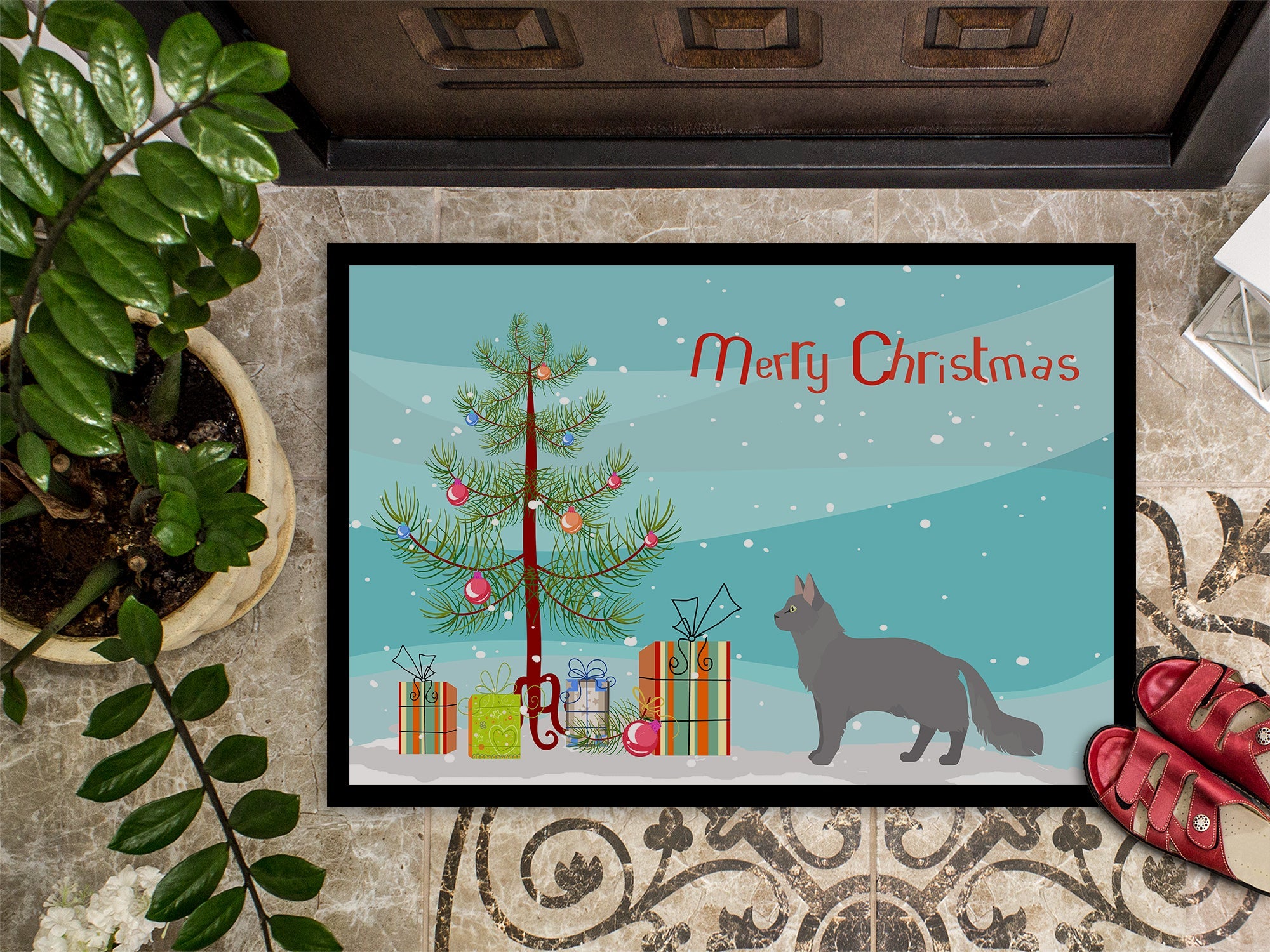 Nebelung Cat Christmas Doormat Indoor Outdoor 18H X 27W Front Door Mat Rugs for Entryway, Non Slip Washable