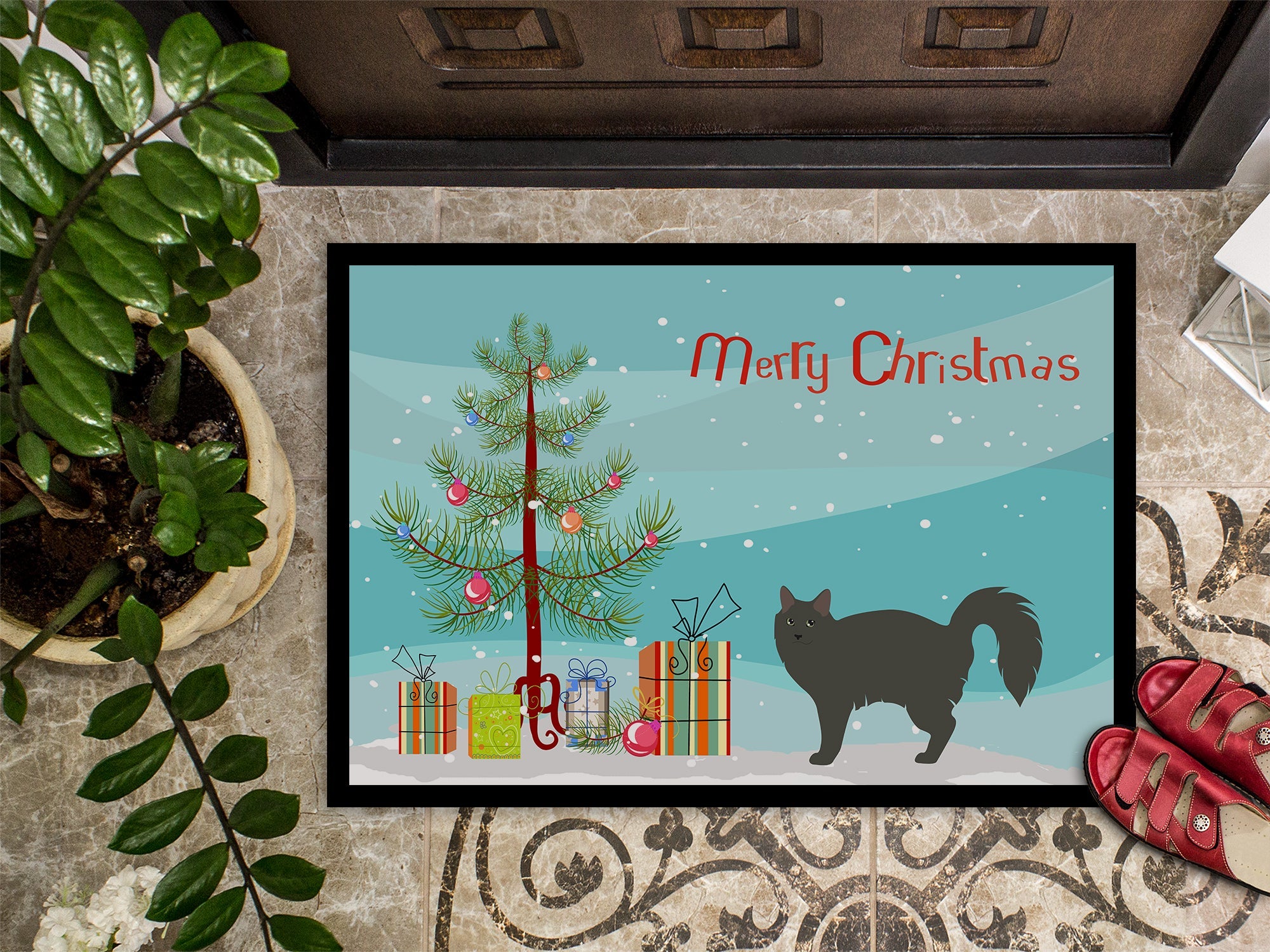 Nebelung Cat Christmas Doormat Indoor Outdoor 24H X 36W Front Door Mat Rugs for Entryway, Non Slip Washable Low Pile,
