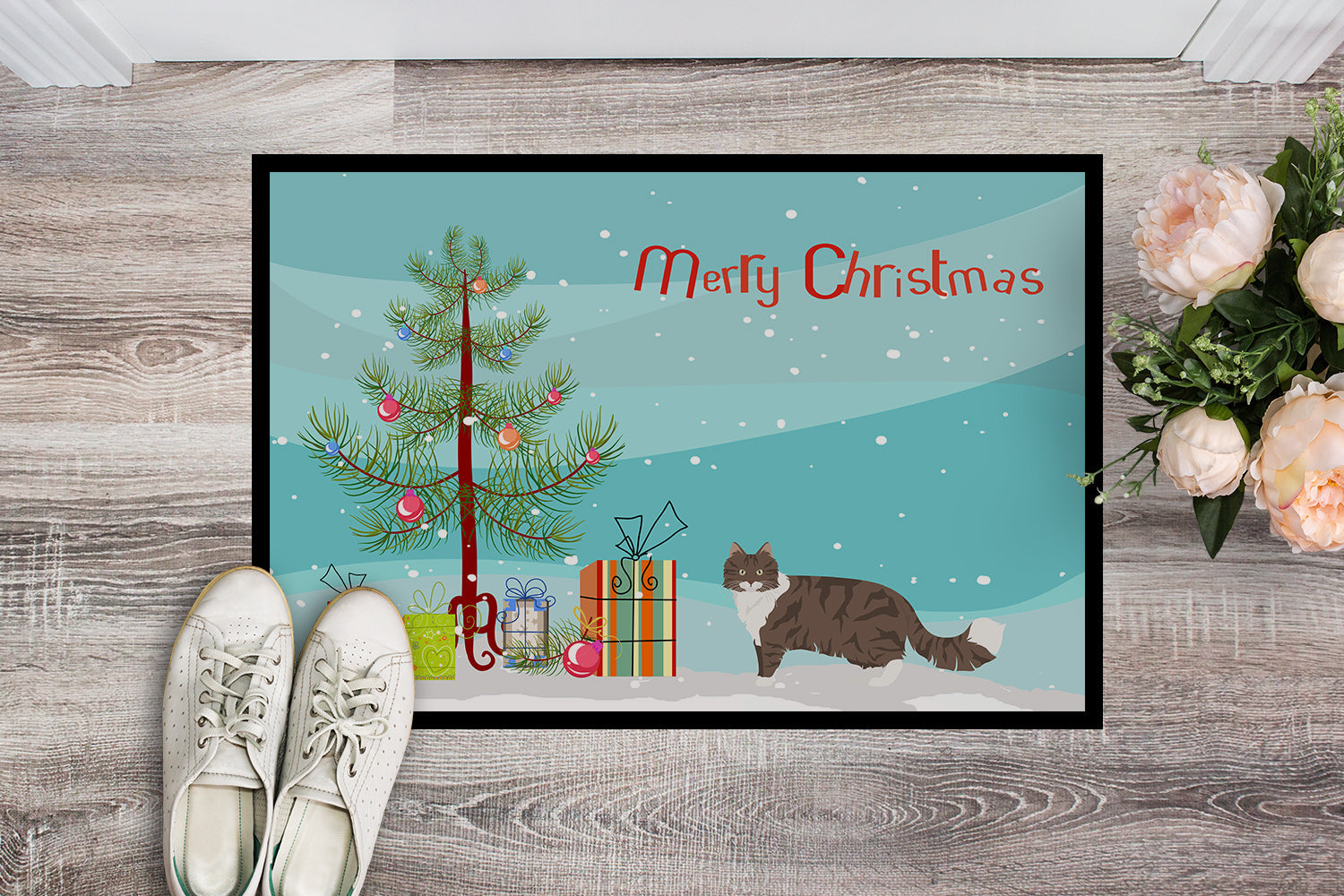 Norwegian Forest Cat Christmas Doormat Indoor Outdoor 24H X 36W Front Door Mat Rugs for Entryway, Non Slip Washable Low Pile,