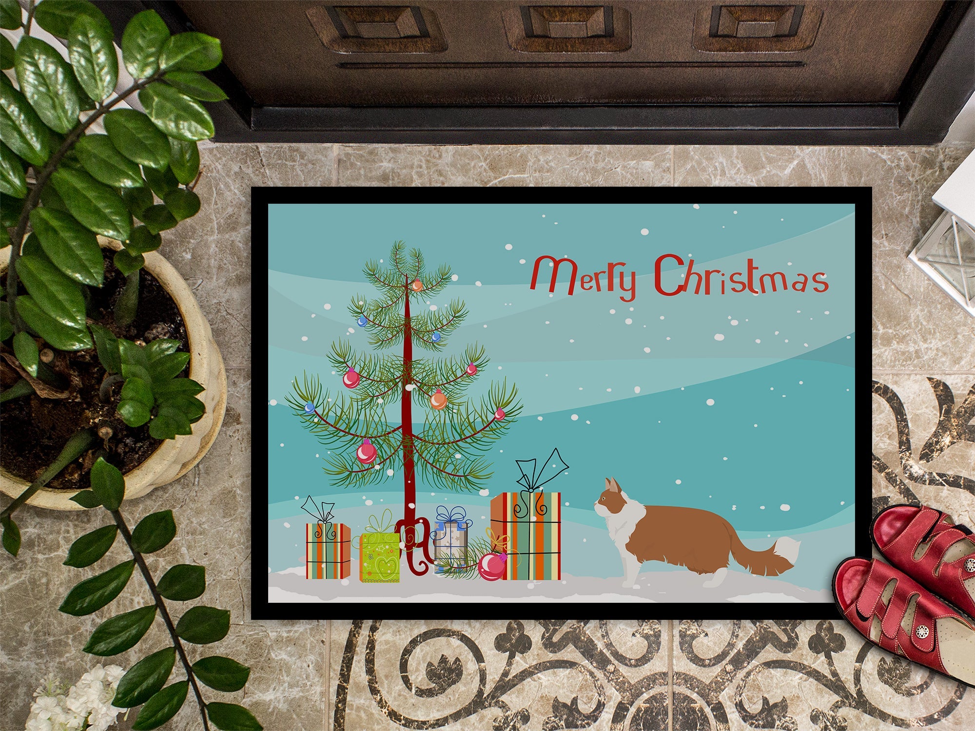 Norwegian Forest Cat Christmas Doormat Indoor Outdoor 24H X 36W Front Door Mat Rugs for Entryway, Non Slip Washable Low Pile,