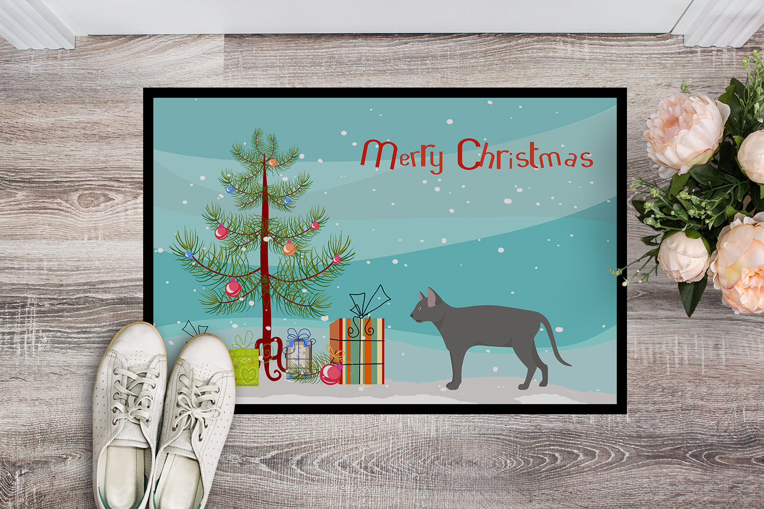 Russian Blue Cat Christmas Doormat Indoor Outdoor 18H X 27W Front Door Mat Rugs for Entryway, Non Slip Washable