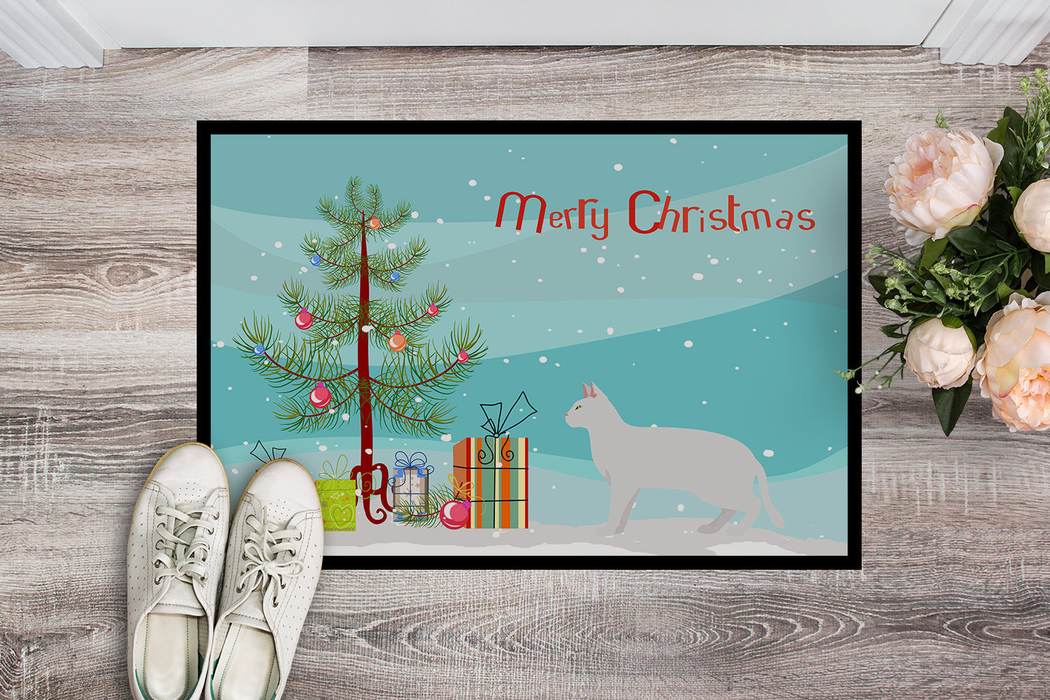 Russian White Black Cat Christmas Doormat Indoor Outdoor 24H X 36W Front Door Mat Rugs for Entryway, Non Slip Washable Low Pile,