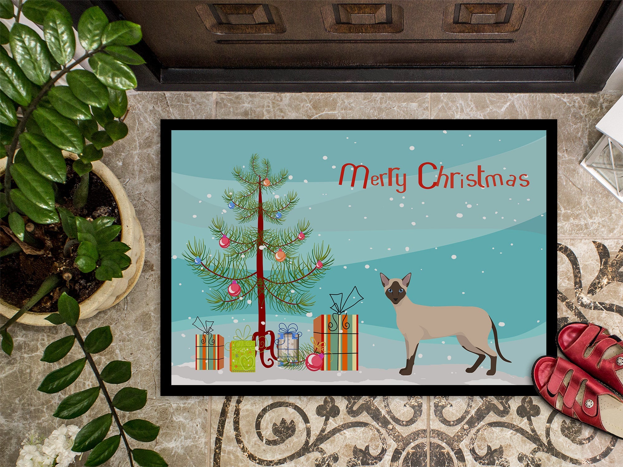 Siamese Modern Cat Christmas Doormat Indoor Outdoor 18H X 27W Front Door Mat Rugs for Entryway, Non Slip Washable