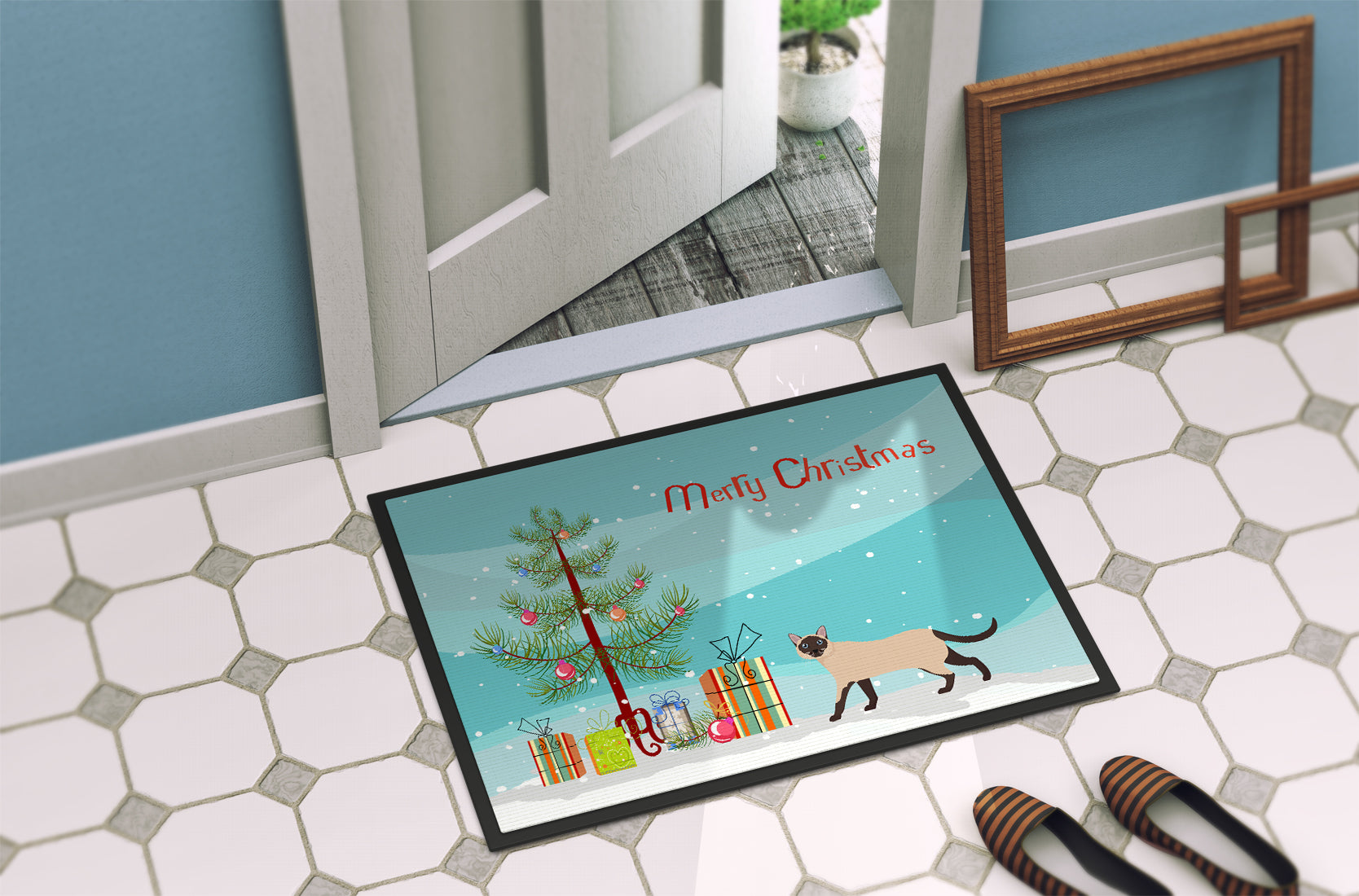 Siamese Traditional Cat Christmas Doormat Indoor Outdoor 24H X 36W Front Door Mat Rugs for Entryway, Non Slip Washable Low Pile,