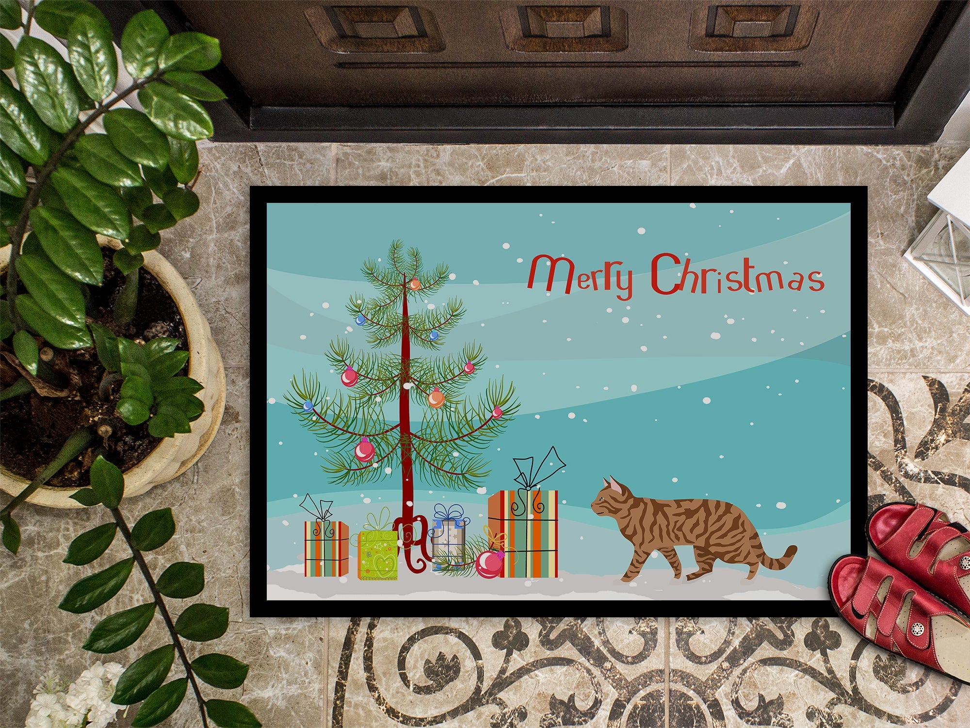 Toyger Cat Christmas Doormat Indoor Outdoor 18H X 27W Front Door Mat Rugs for Entryway, Non Slip Washable