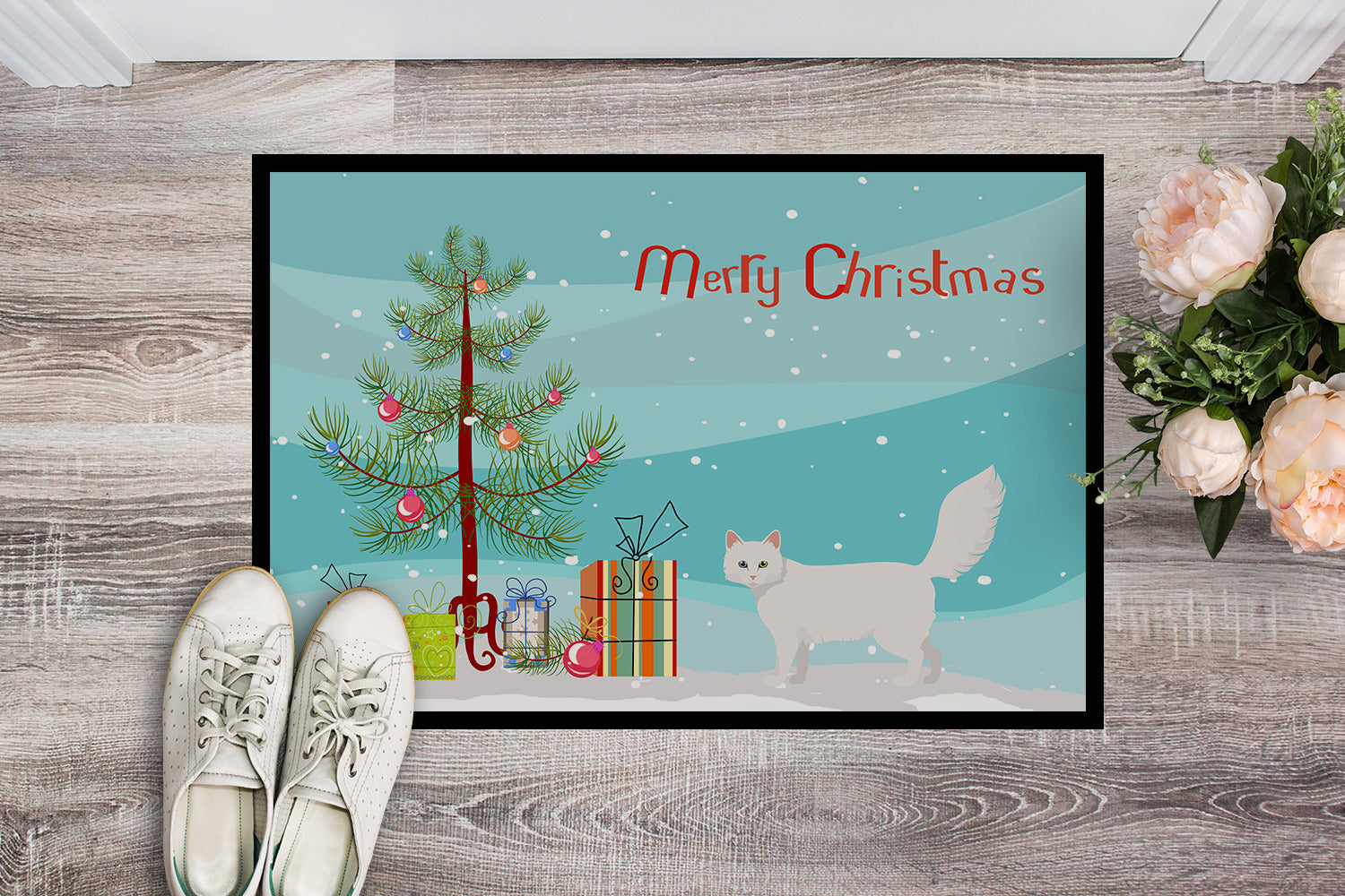 Turkish Angora Cat Christmas Doormat Indoor Outdoor 18H X 27W Front Door Mat Rugs for Entryway, Non Slip Washable