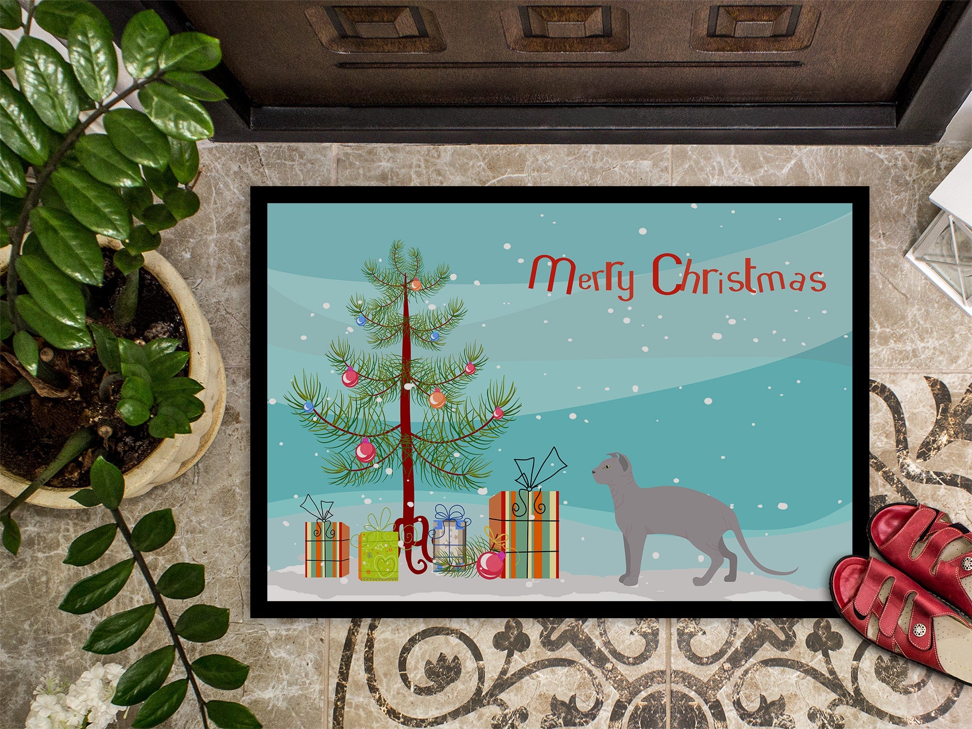 Ukrainian Levkoy Cat Christmas Doormat Indoor Outdoor 18H X 27W Front Door Mat Rugs for Entryway, Non Slip Washable