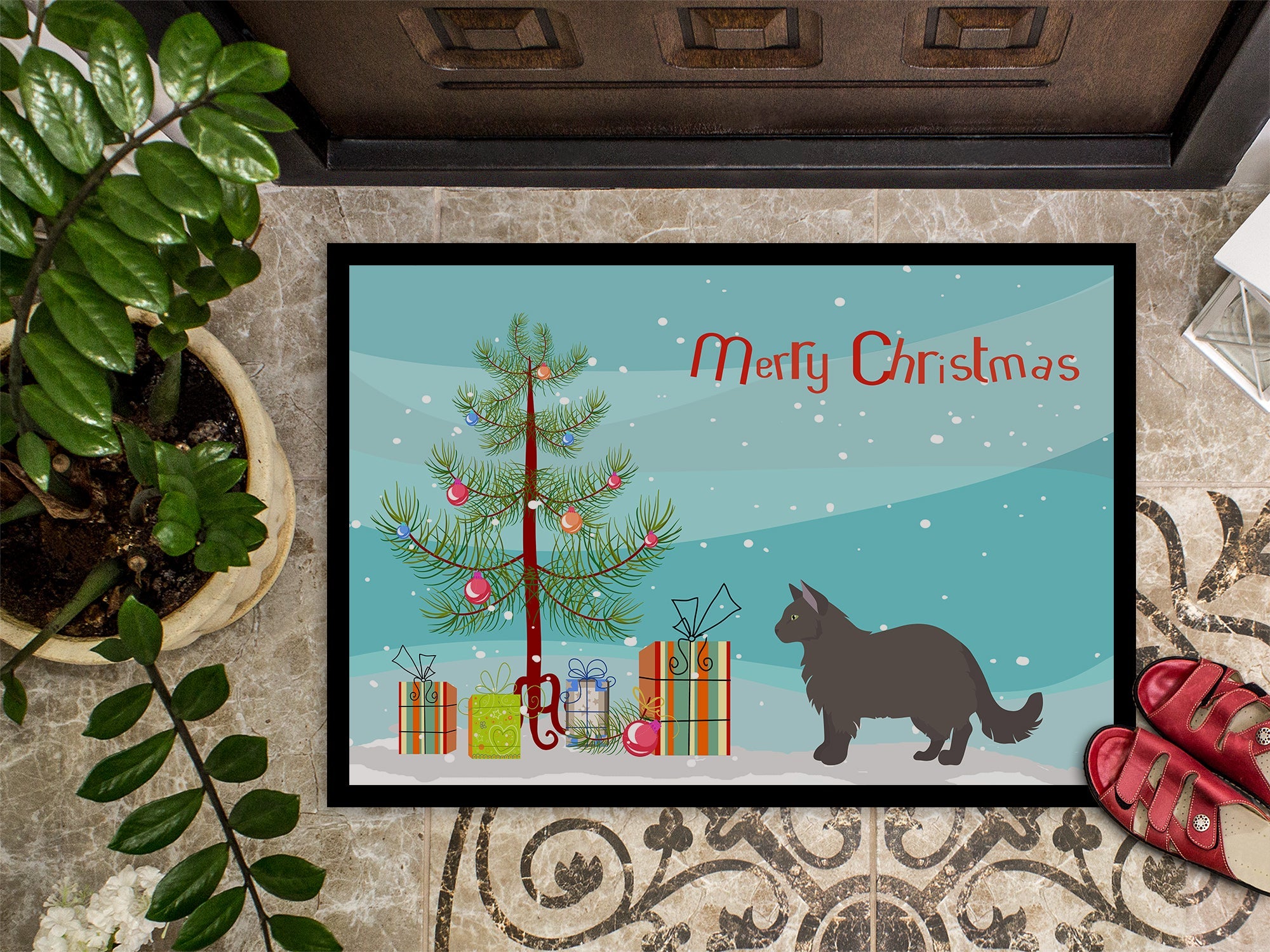 York Chocolate Cat Christmas Doormat Indoor Outdoor 18H X 27W Front Door Mat Rugs for Entryway, Non Slip Washable