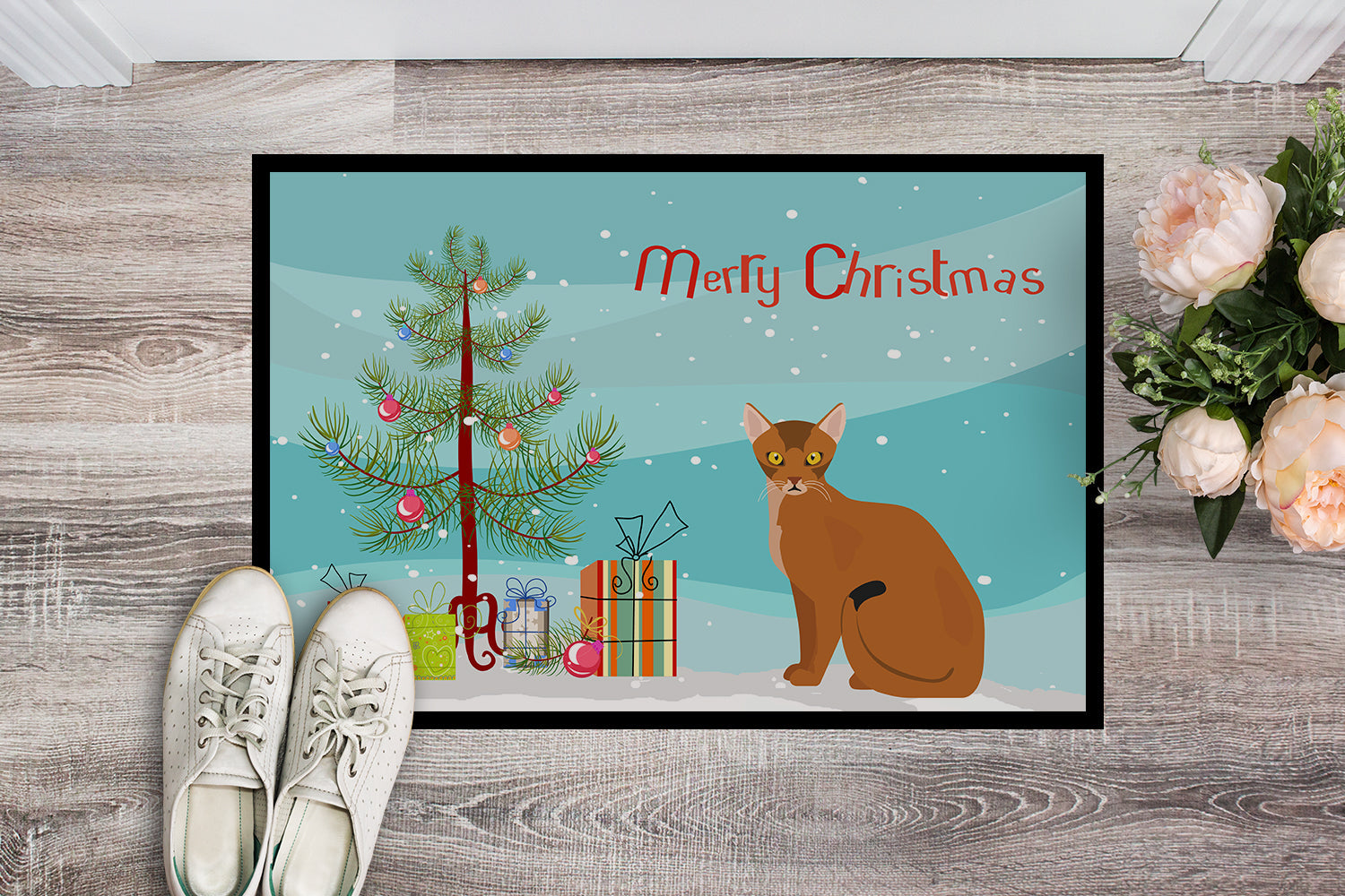 Abyssinian Cat Christmas Doormat Indoor Outdoor 24H X 36W Front Door Mat Rugs for Entryway, Non Slip Washable Low Pile,
