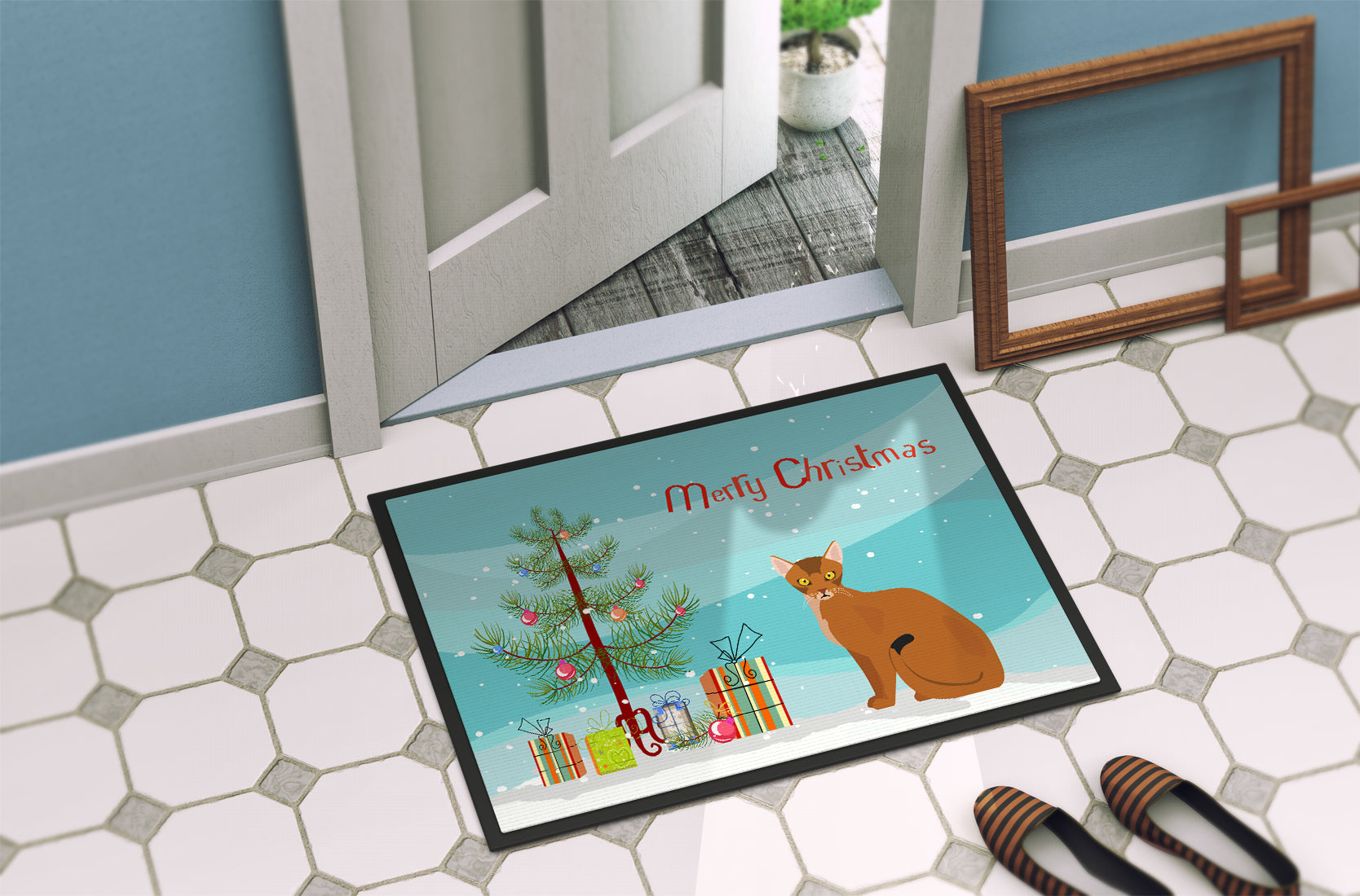 Abyssinian Cat Christmas Doormat Indoor Outdoor 24H X 36W Front Door Mat Rugs for Entryway, Non Slip Washable Low Pile,