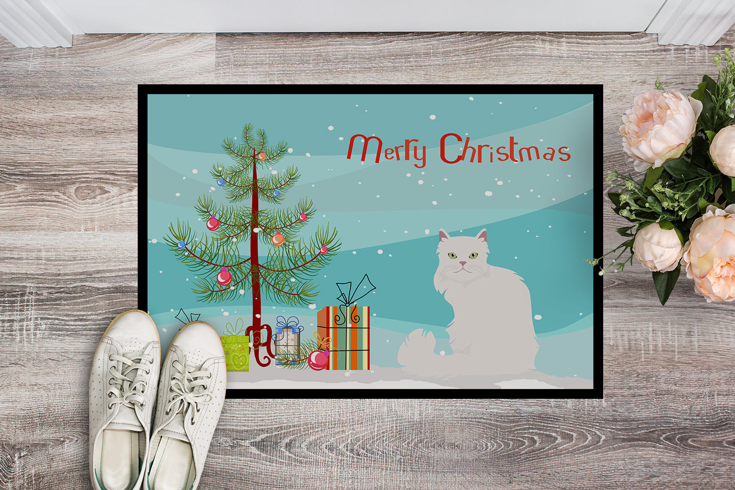 Asian Semi Longhaired Cat Christmas Doormat Indoor Outdoor 24H X 36W Front Door Mat Rugs for Entryway, Non Slip Washable Low Pile,