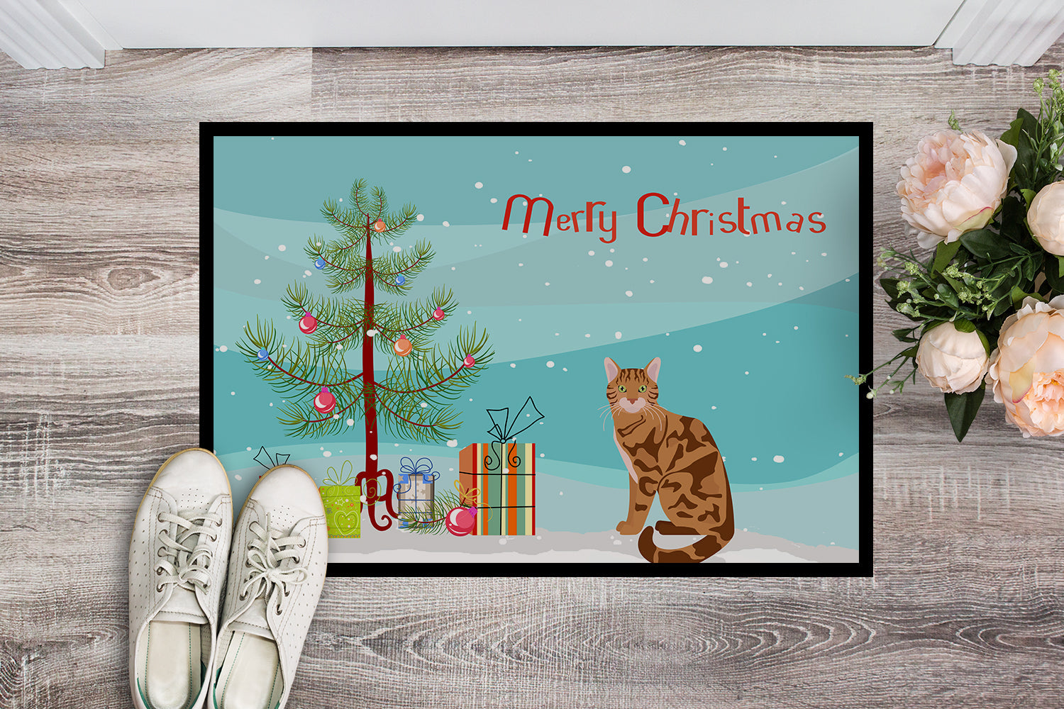 Bengal Cat Christmas Doormat Indoor Outdoor 24H X 36W Front Door Mat Rugs for Entryway, Non Slip Washable Low Pile,