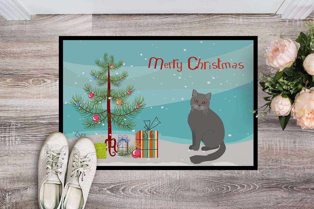 British Semi Longhair Cat Christmas Doormat Indoor Outdoor 24H X 36W Front Door Mat Rugs for Entryway, Non Slip Washable Low Pile,