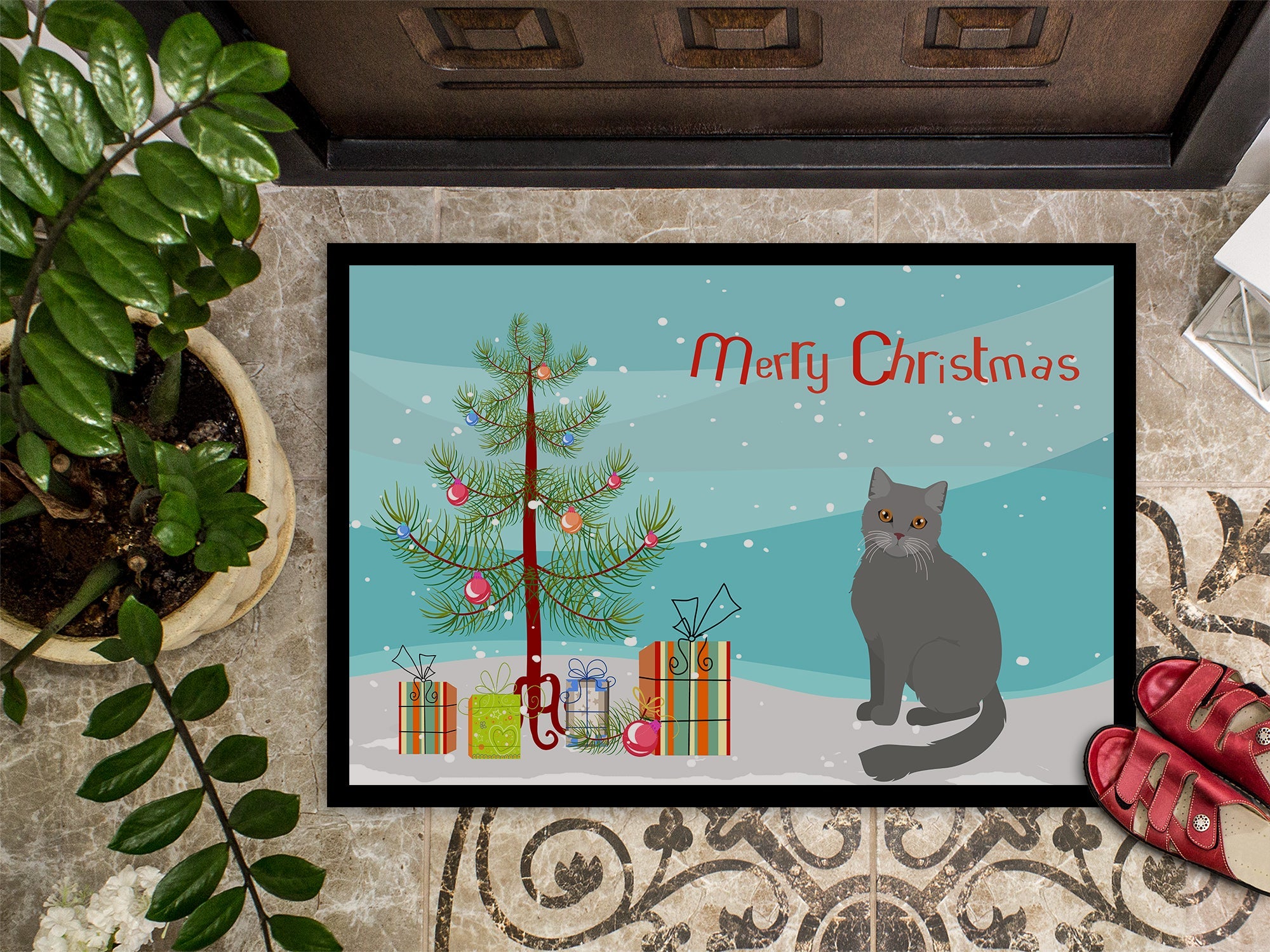 British Semi Longhair Cat Christmas Doormat Indoor Outdoor 24H X 36W Front Door Mat Rugs for Entryway, Non Slip Washable Low Pile,