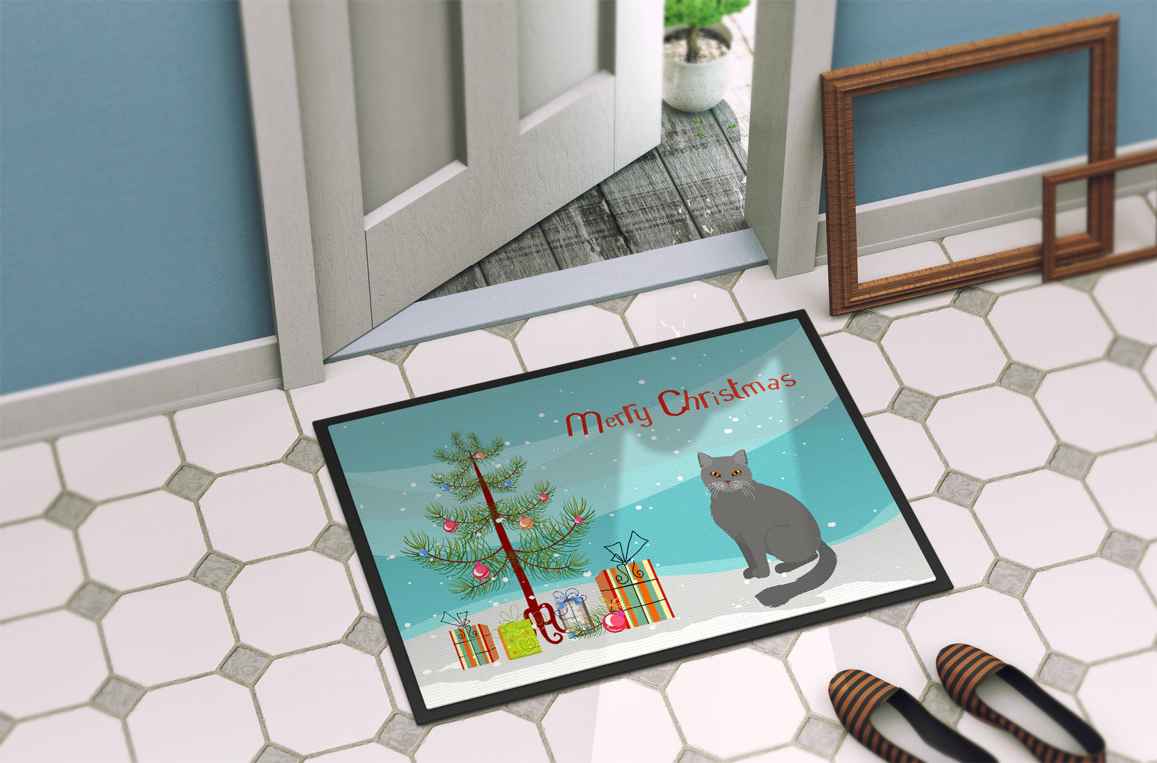British Semi Longhair Cat Christmas Doormat Indoor Outdoor 24H X 36W Front Door Mat Rugs for Entryway, Non Slip Washable Low Pile,