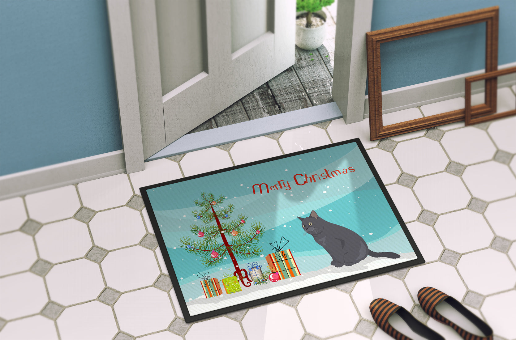 British Shorthair Cat Christmas Doormat Indoor Outdoor 18H X 27W Front Door Mat Rugs for Entryway, Non Slip Washable
