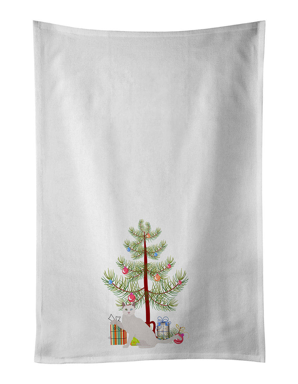 Khao Manee Cat Christmas Kitchen Towel Set of 2 White Dish Towels Decorative Bathroom Hand towel for Hand, Face, Hair, Yoga, Tea, Dishcloth, 19 X 28", White