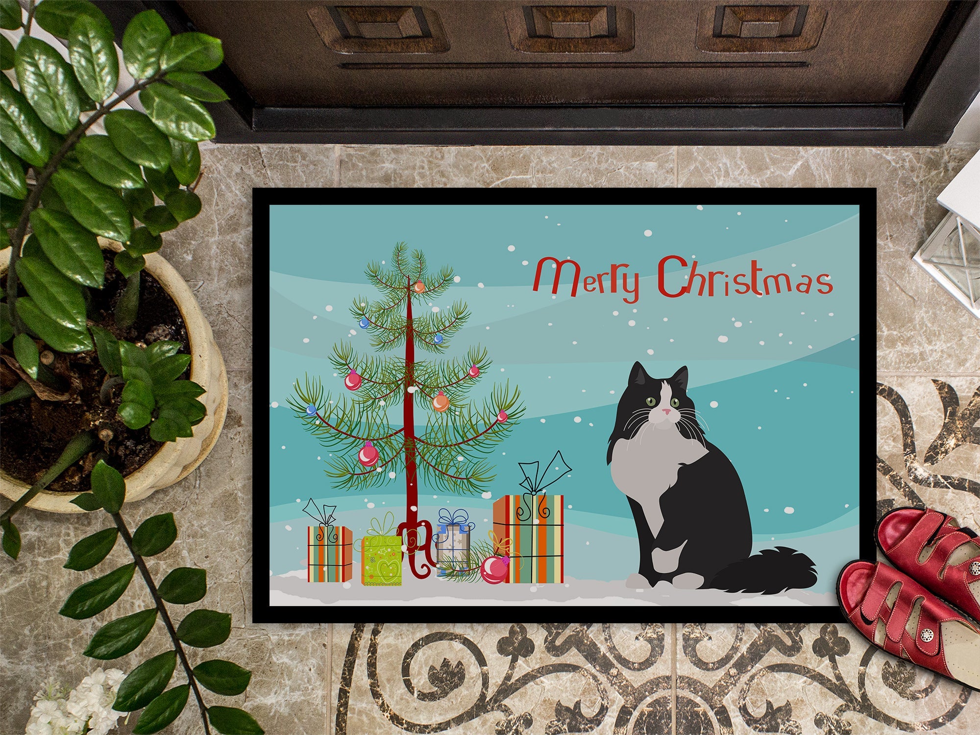 Ragamuffin Cat  Christmas Doormat Indoor Outdoor 24H X 36W Front Door Mat Rugs for Entryway, Non Slip Washable Low Pile,