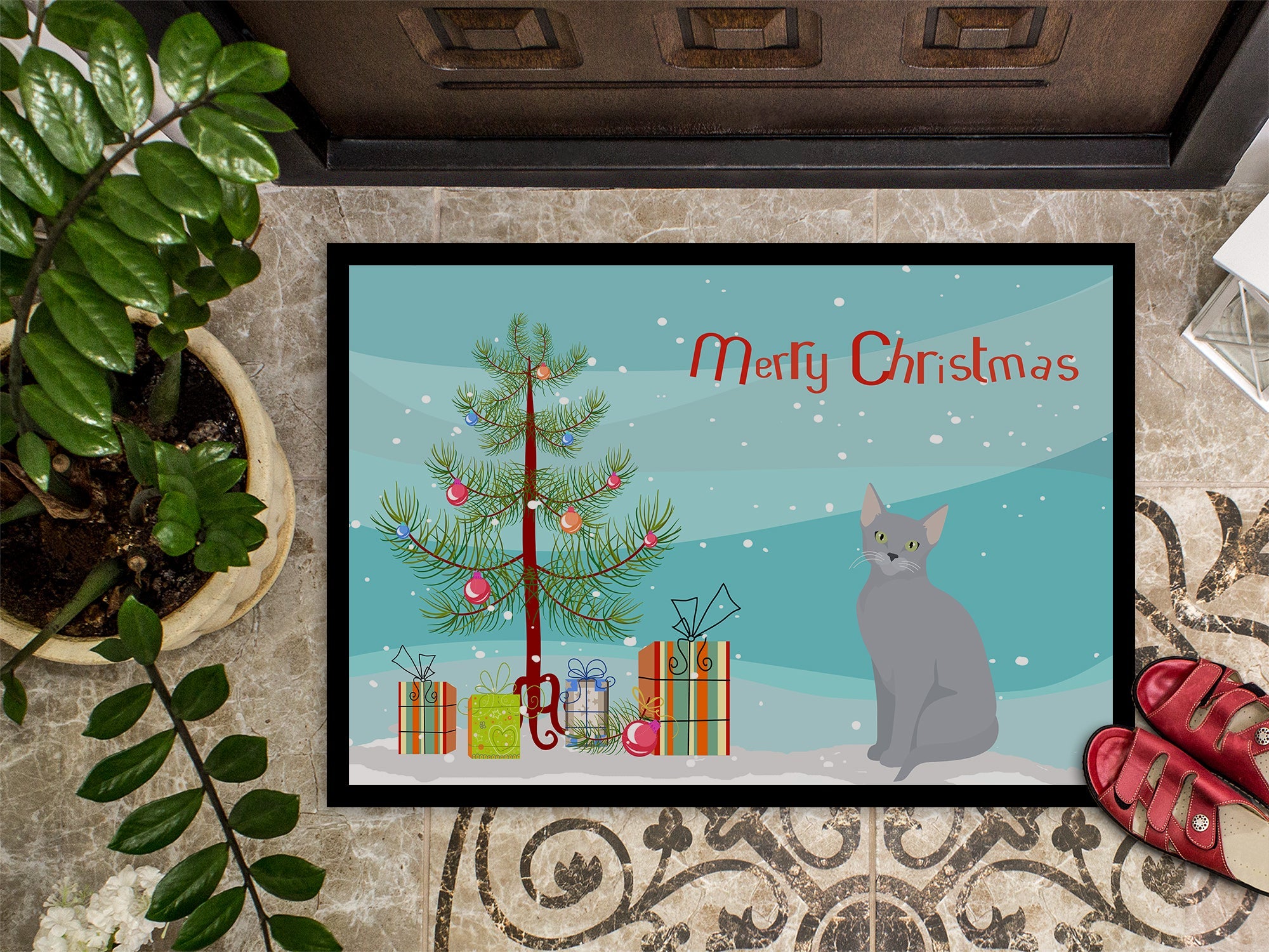 Russian Blue Cat Christmas Doormat Indoor Outdoor 18H X 27W Front Door Mat Rugs for Entryway, Non Slip Washable