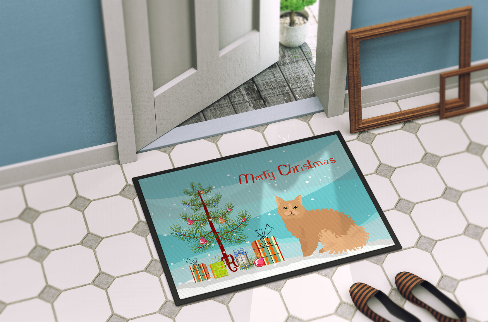 Selkirk Rex Cat Christmas Doormat Indoor Outdoor 24H X 36W Front Door Mat Rugs for Entryway, Non Slip Washable Low Pile,