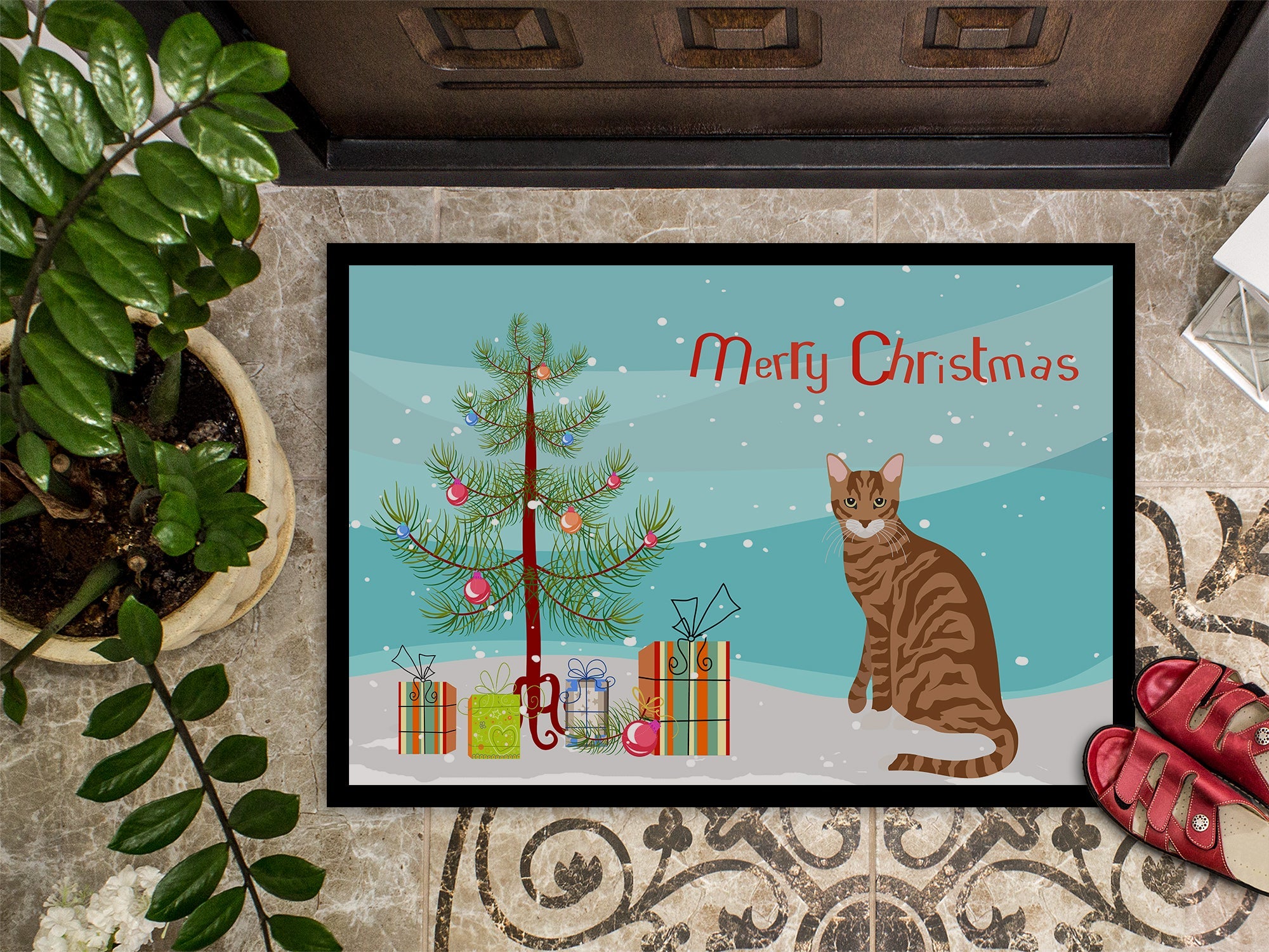 Toyger Cat Christmas Doormat Indoor Outdoor 18H X 27W Front Door Mat Rugs for Entryway, Non Slip Washable