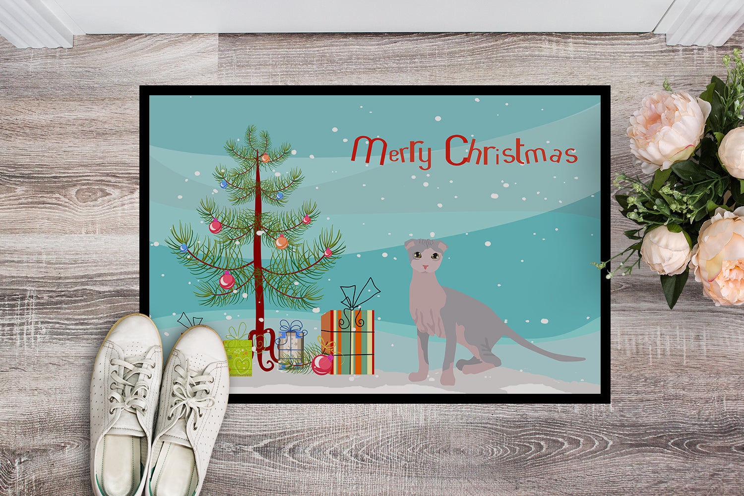 Ukrainian Levkoy Cat Christmas Doormat Indoor Outdoor 24H X 36W Front Door Mat Rugs for Entryway, Non Slip Washable Low Pile,