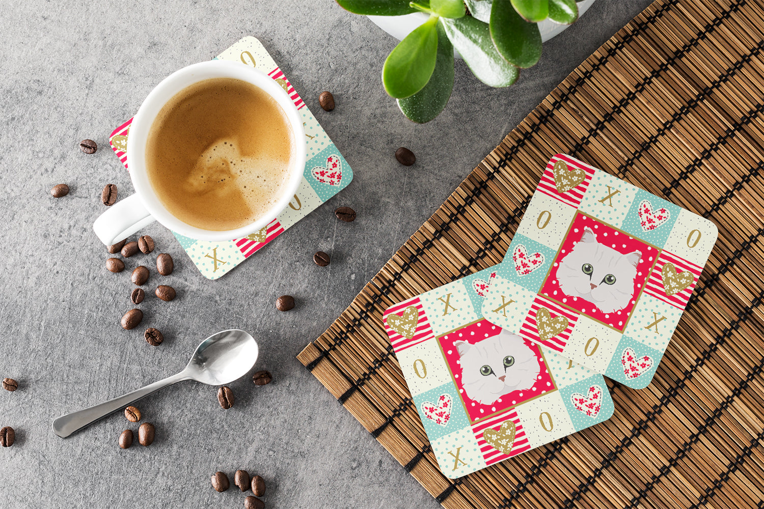 Chinchilla Persian Longhair Cat Love Foam Coasters Set of 4 Cup Coasters for Indoor Outdoor, Tabletop Protection, Anti Slip, Mouse pad Material
