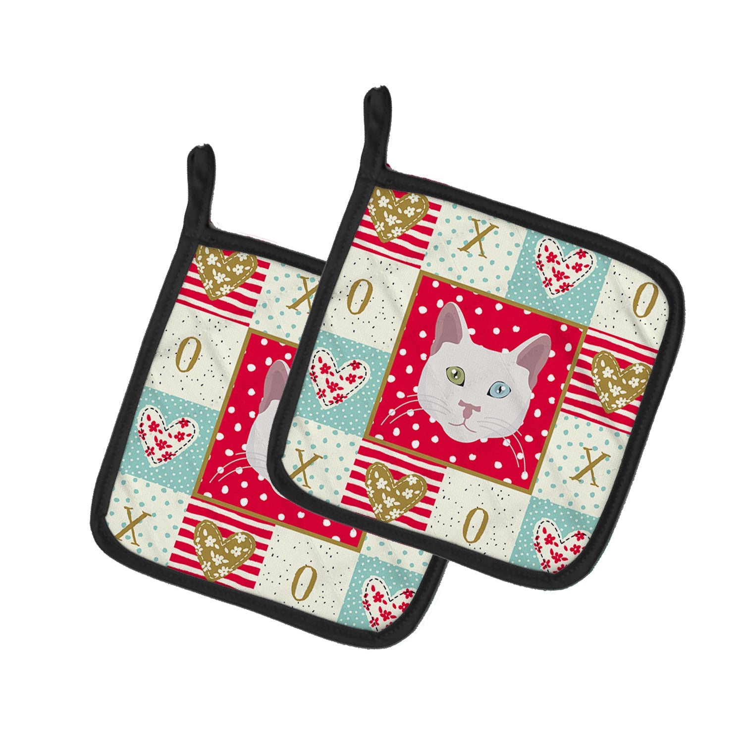 Khao Manee Cat Love Pot Holder Set of 2 Heat Resistant Quilted Hot Pads 7.5 x 7.5 Inch, Insulated Kitchen Trivets for Cooking & Baking