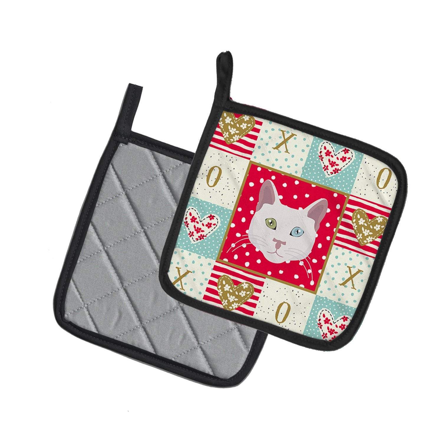 Khao Manee Cat Love Pot Holder Set of 2 Heat Resistant Quilted Hot Pads 7.5 x 7.5 Inch, Insulated Kitchen Trivets for Cooking & Baking