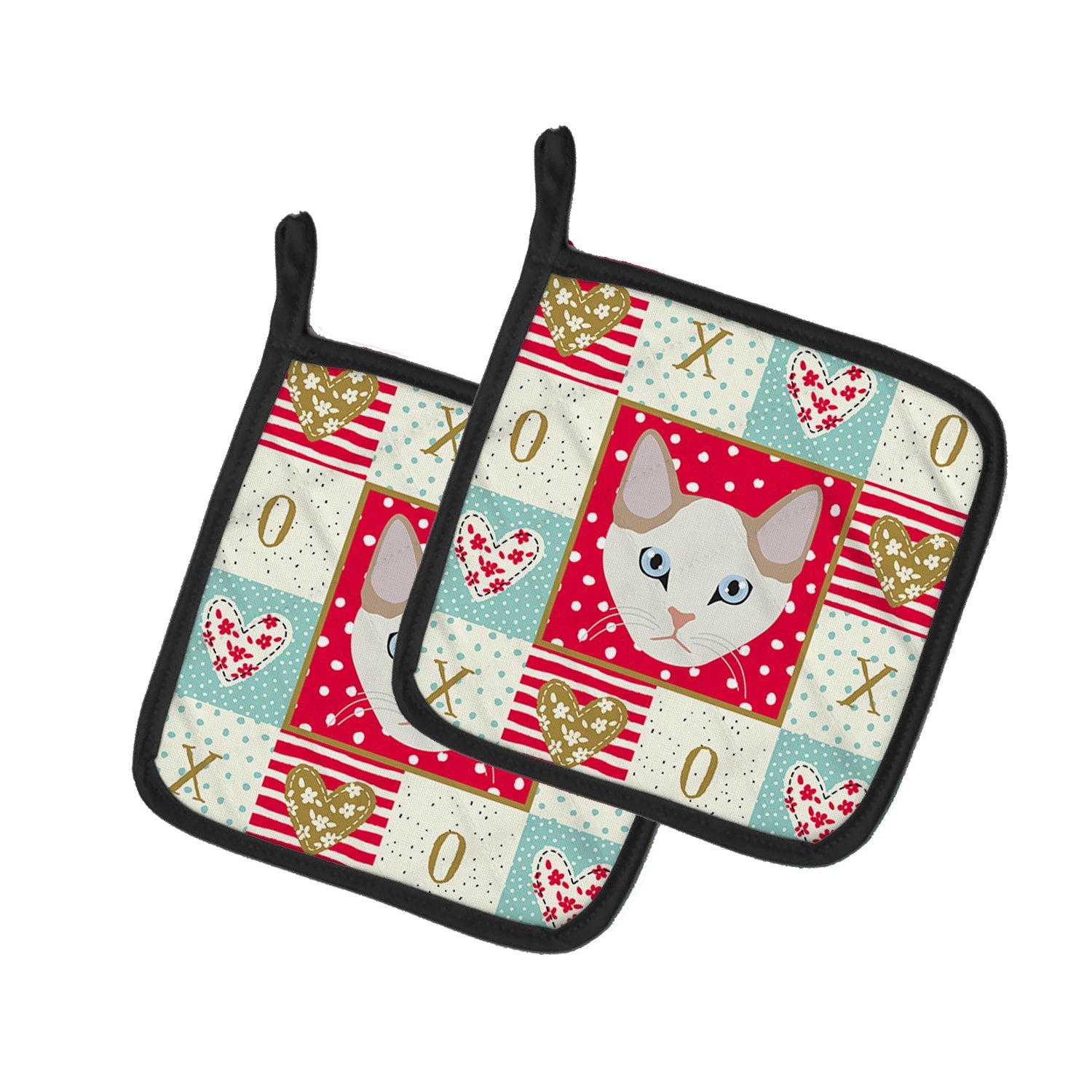 Korean Bobtail Cat Love Pot Holder Set of 2 Heat Resistant Quilted Hot Pads 7.5 x 7.5 Inch, Insulated Kitchen Trivets for Cooking & Baking
