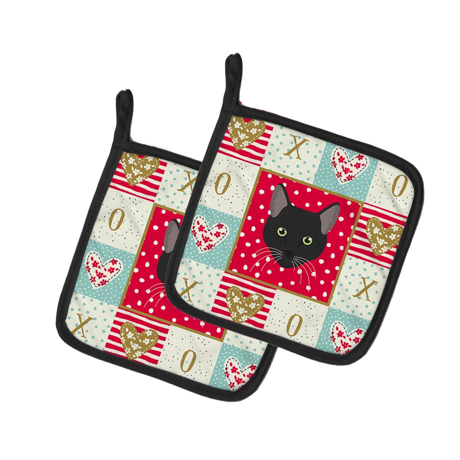 Pantherette Cat Love Pot Holder Set of 2 Heat Resistant Quilted Hot Pads 7.5 x 7.5 Inch, Insulated Kitchen Trivets for Cooking & Baking