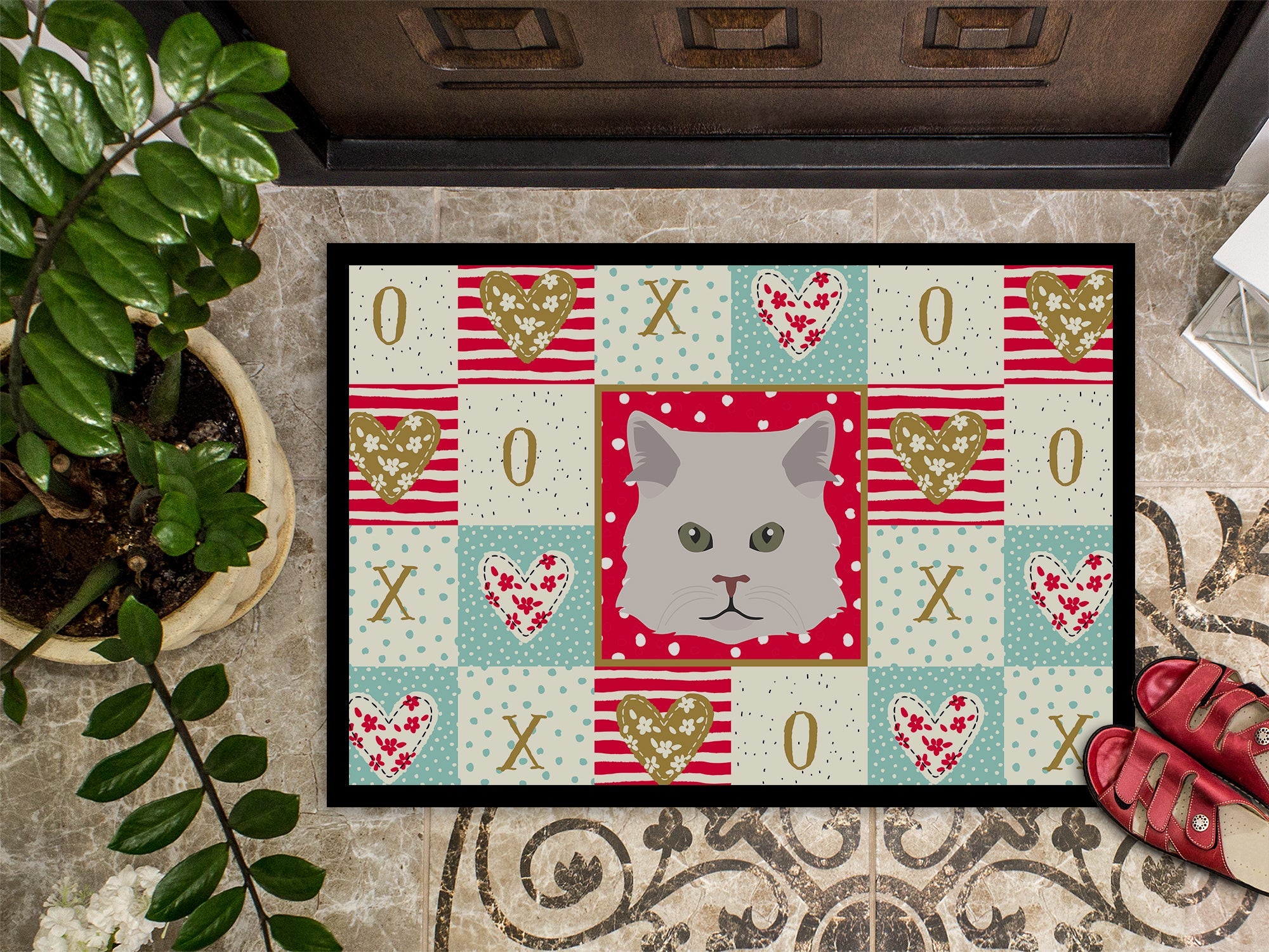 Persian Traditional Cat Love Doormat Indoor Outdoor 24H X 36W Front Door Mat Rugs for Entryway, Non Slip Washable Low Pile,