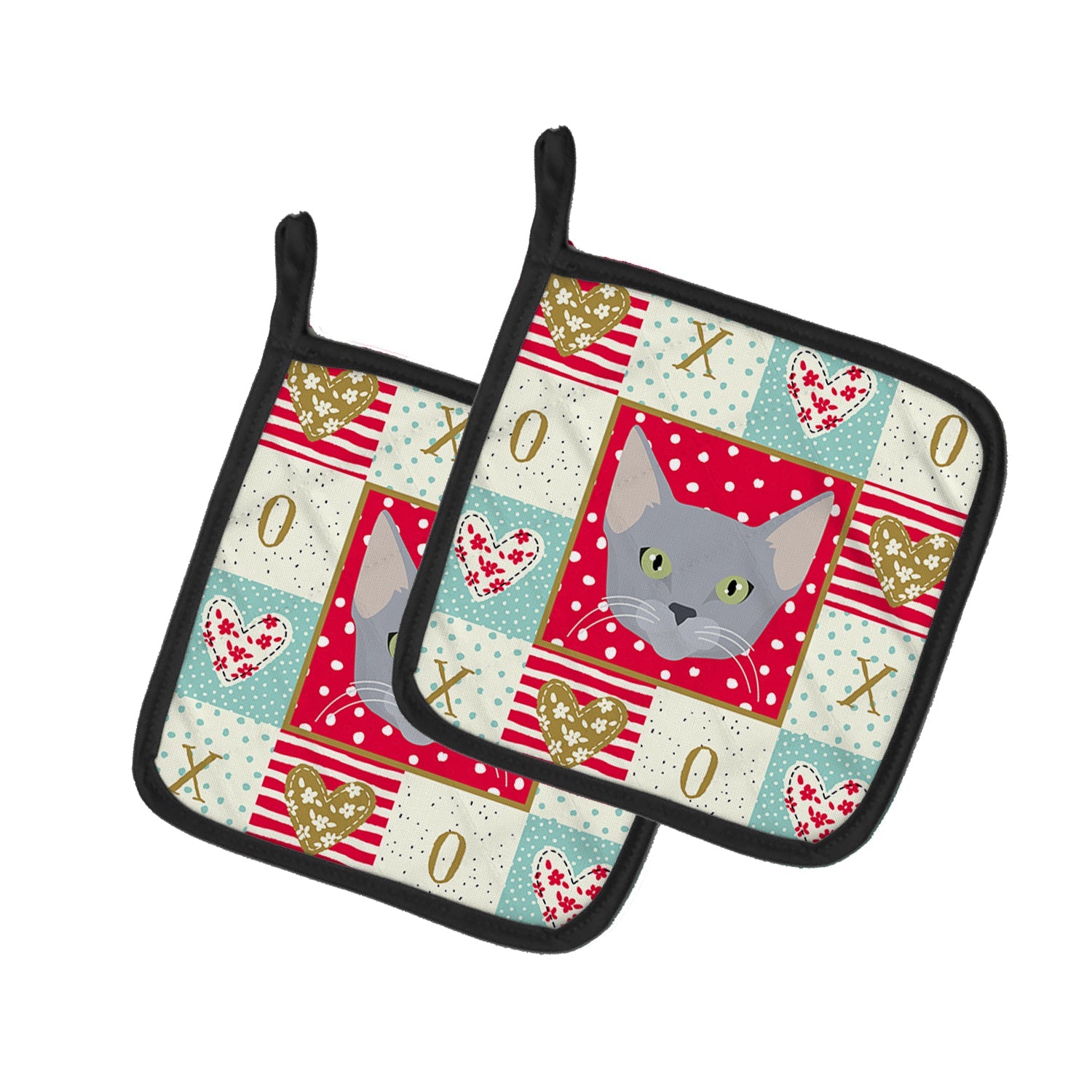 Russian Blue Cat Love Pot Holder Set of 2 Heat Resistant Quilted Hot Pads 7.5 x 7.5 Inch, Insulated Kitchen Trivets for Cooking & Baking