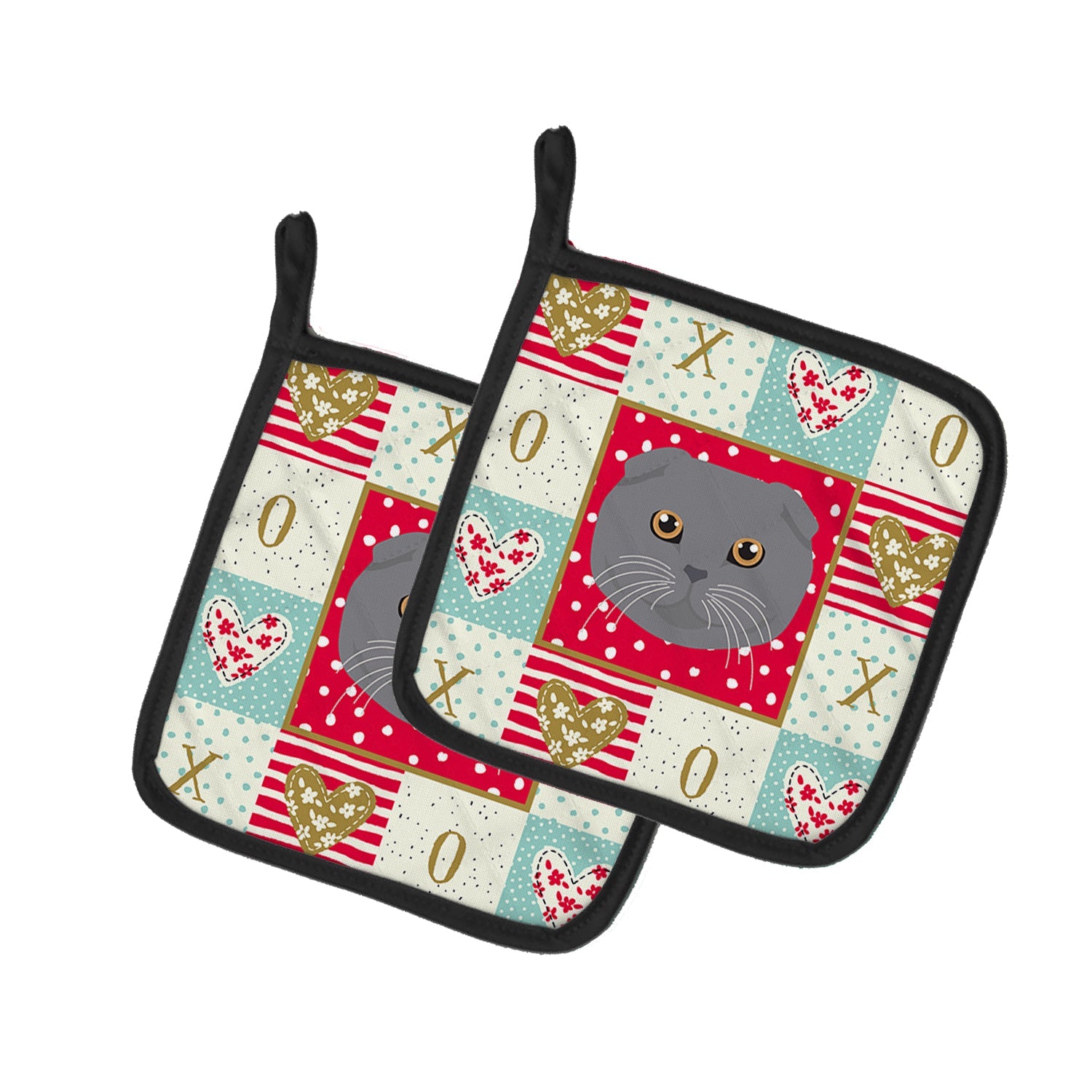 Scottish Fold Cat Love Pot Holder Set of 2 Heat Resistant Quilted Hot Pads 7.5 x 7.5 Inch, Insulated Kitchen Trivets for Cooking & Baking